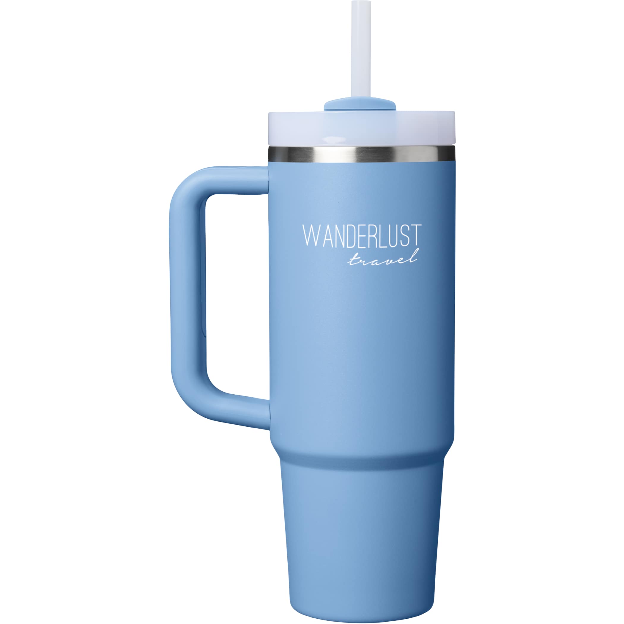 Sky Blue 30 oz insulated tumbler with a soft off-white finish, ergonomic handle, tapered base, reusable straw, and double-wall vacuum insulation for all-day hydration.