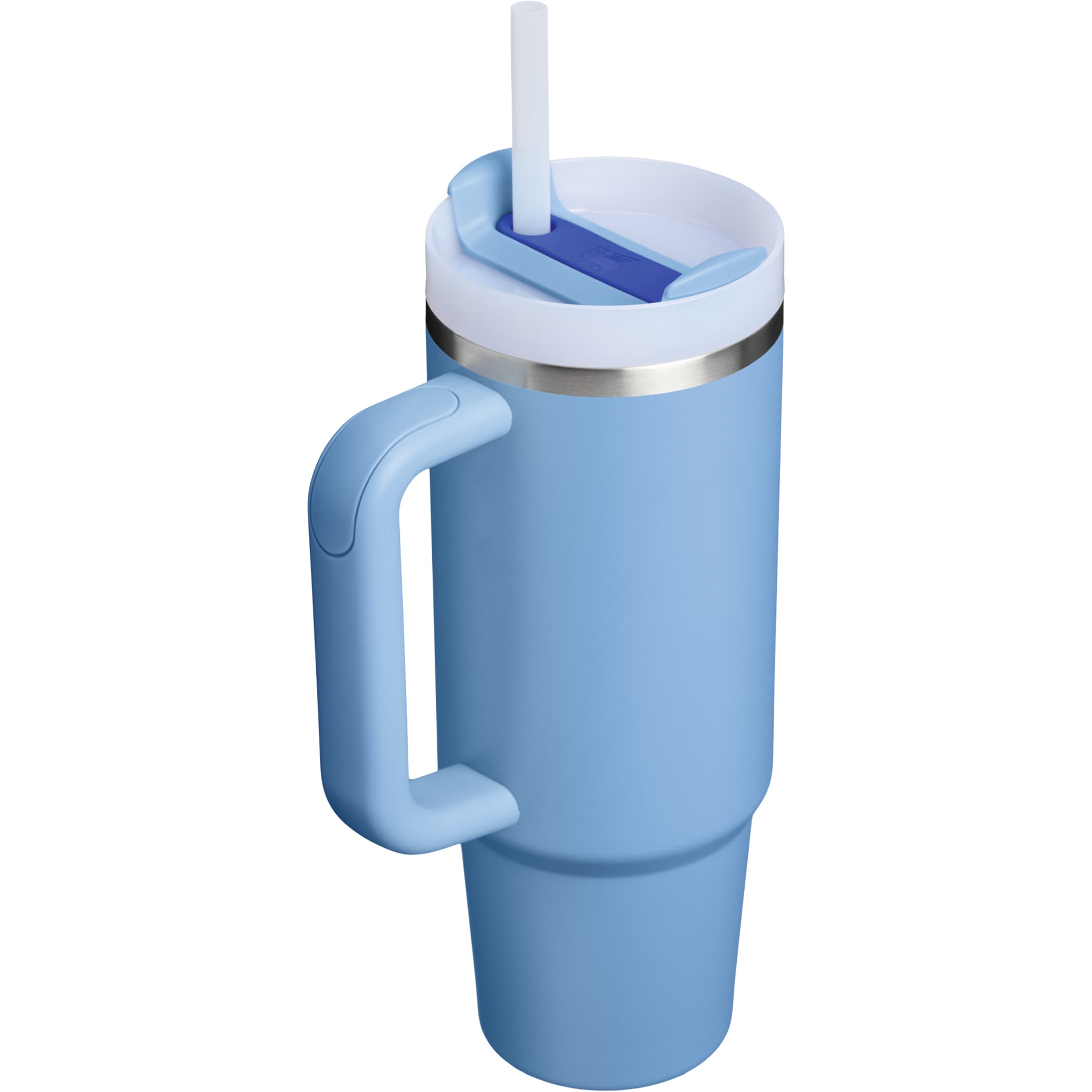 Sky Blue 30 oz insulated tumbler with a soft off-white finish, ergonomic handle, tapered base, reusable straw, and double-wall vacuum insulation for all-day hydration.