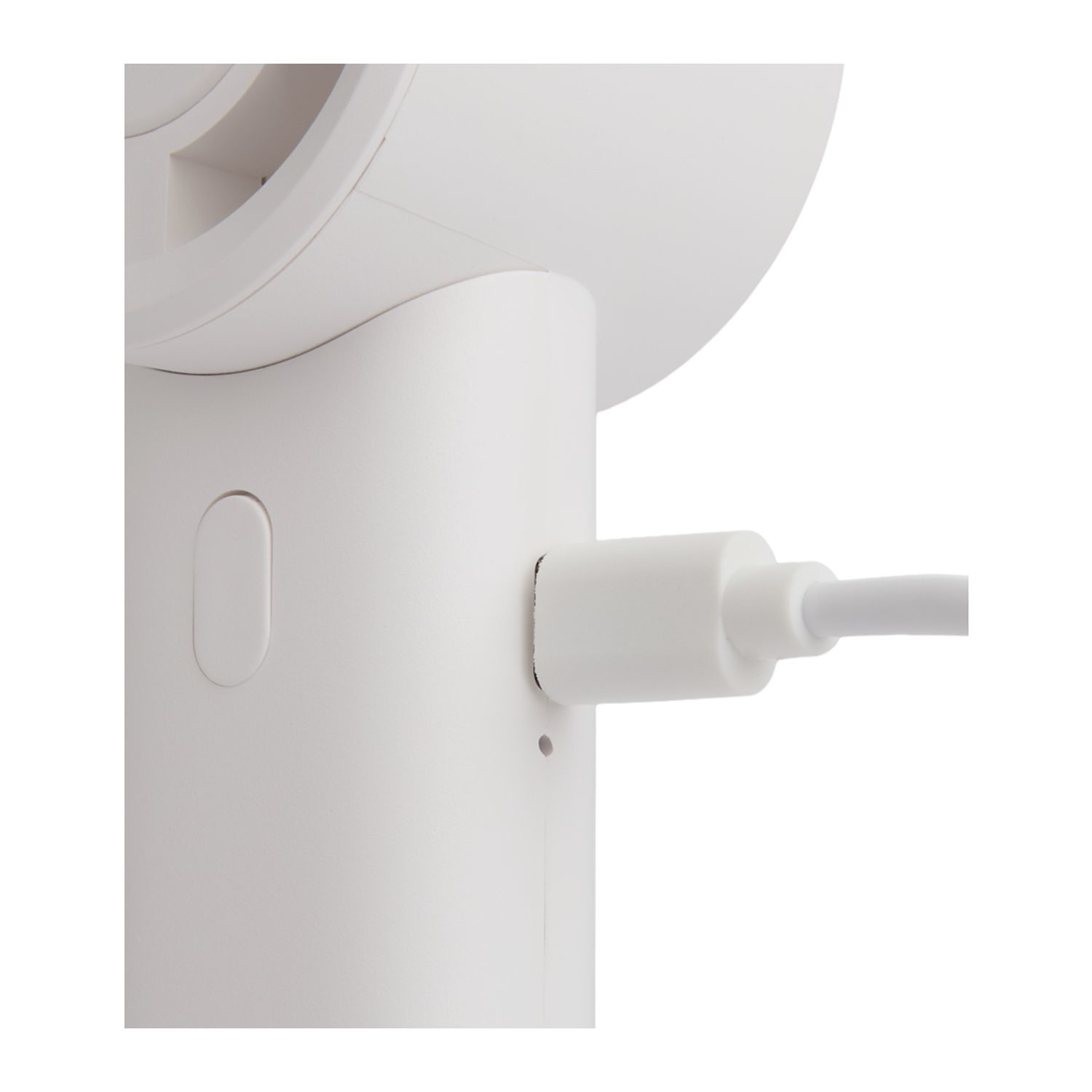 White portable cooling fan with built-in 2,000 mAh power bank, compact ABS design, Type-C charging port, and ergonomic handheld structure for travel and outdoor use.
