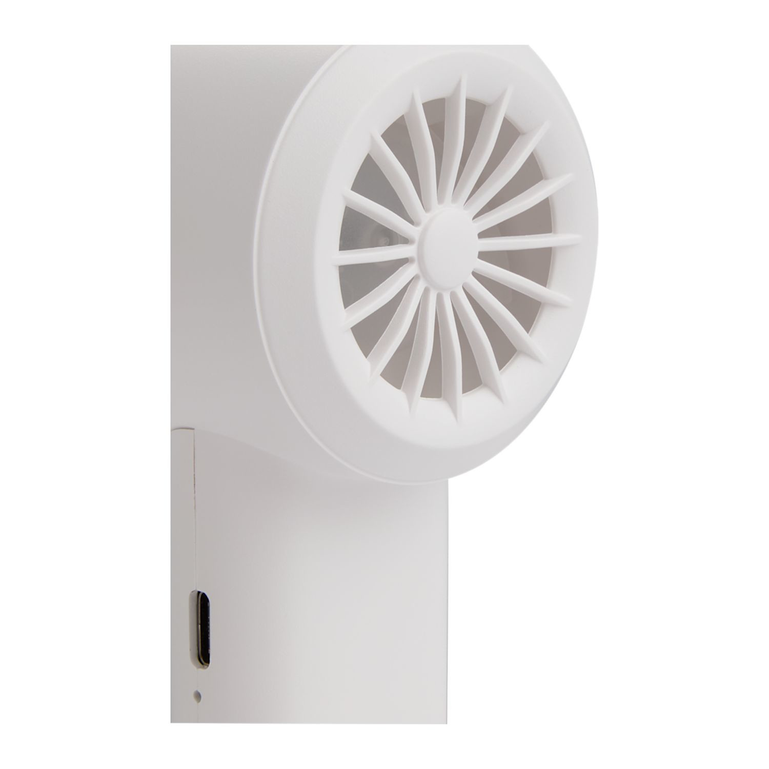 White portable cooling fan with built-in 2,000 mAh power bank, compact ABS design, Type-C charging port, and ergonomic handheld structure for travel and outdoor use.