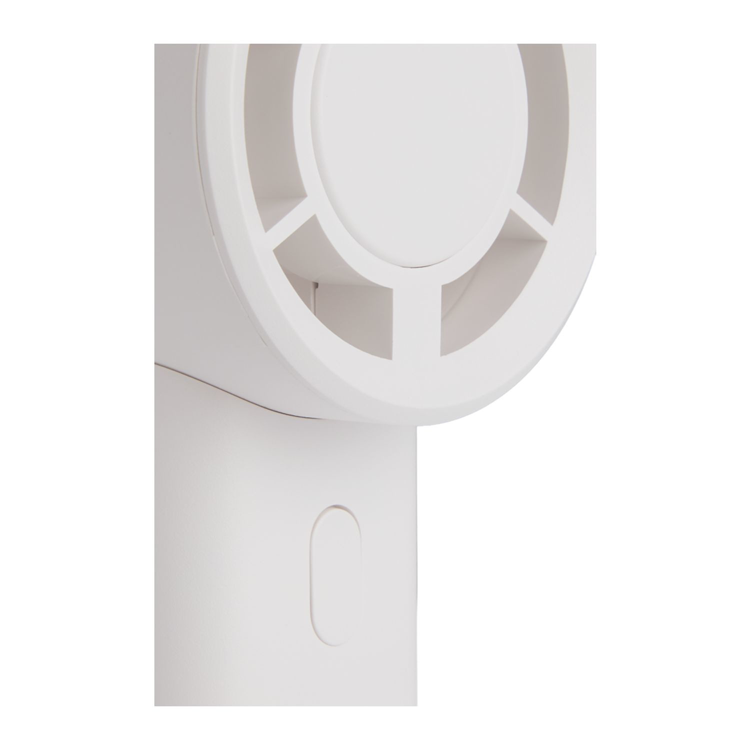 White portable cooling fan with built-in 2,000 mAh power bank, compact ABS design, Type-C charging port, and ergonomic handheld structure for travel and outdoor use.