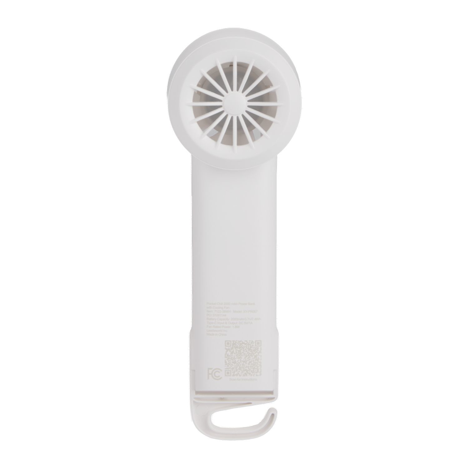 White portable cooling fan with built-in 2,000 mAh power bank, compact ABS design, Type-C charging port, and ergonomic handheld structure for travel and outdoor use.