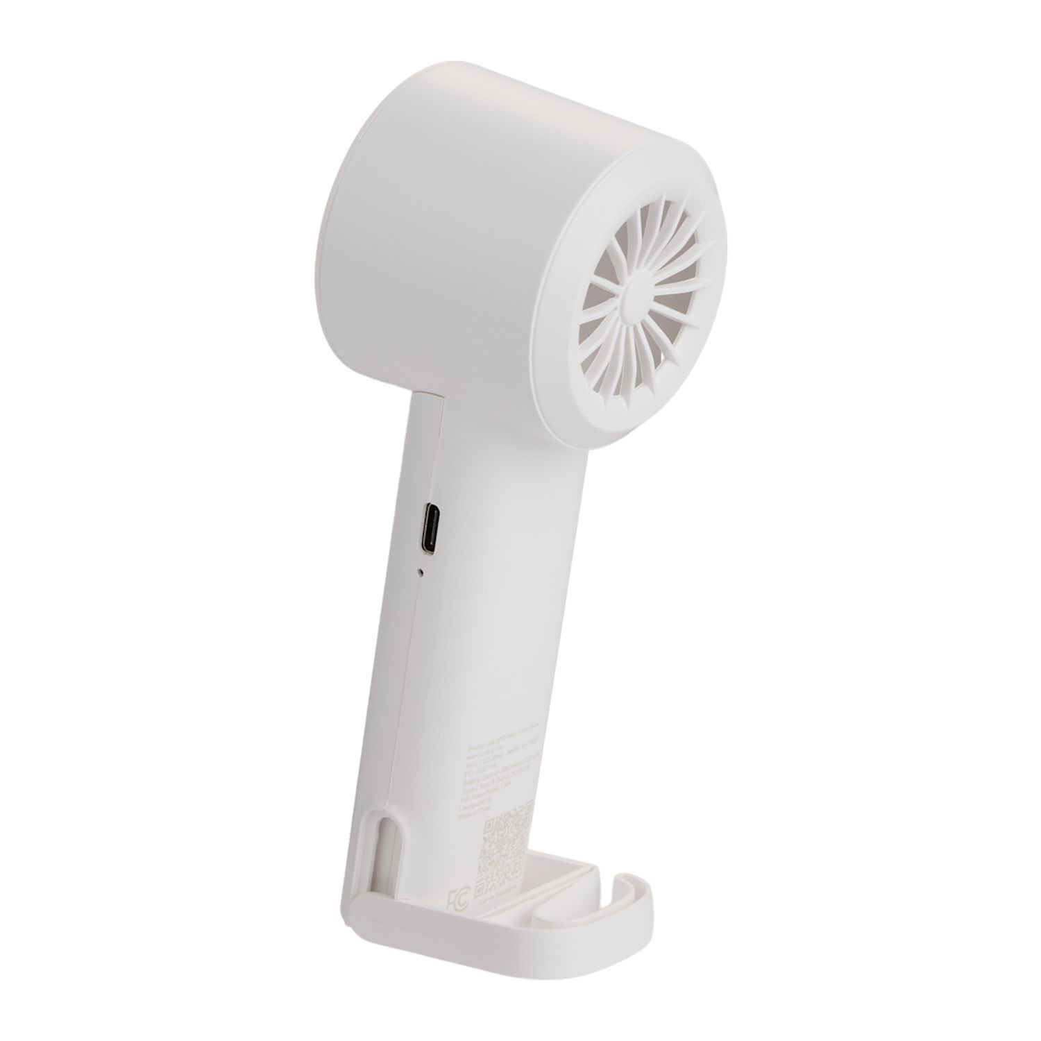 White portable cooling fan with built-in 2,000 mAh power bank, compact ABS design, Type-C charging port, and ergonomic handheld structure for travel and outdoor use.