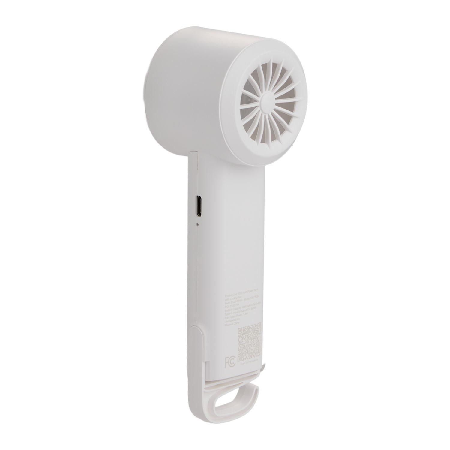 White portable cooling fan with built-in 2,000 mAh power bank, compact ABS design, Type-C charging port, and ergonomic handheld structure for travel and outdoor use.