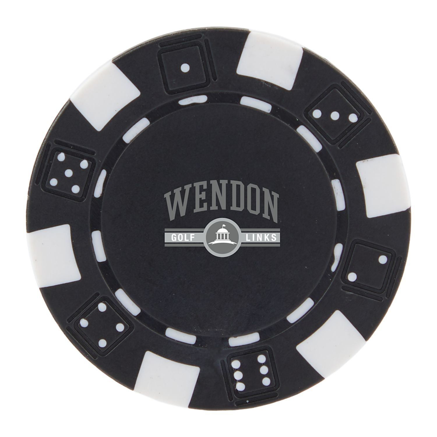 Black poker chip-style golf ball marker made from recycled ABS plastic with a round center panel and lightweight durable construction.