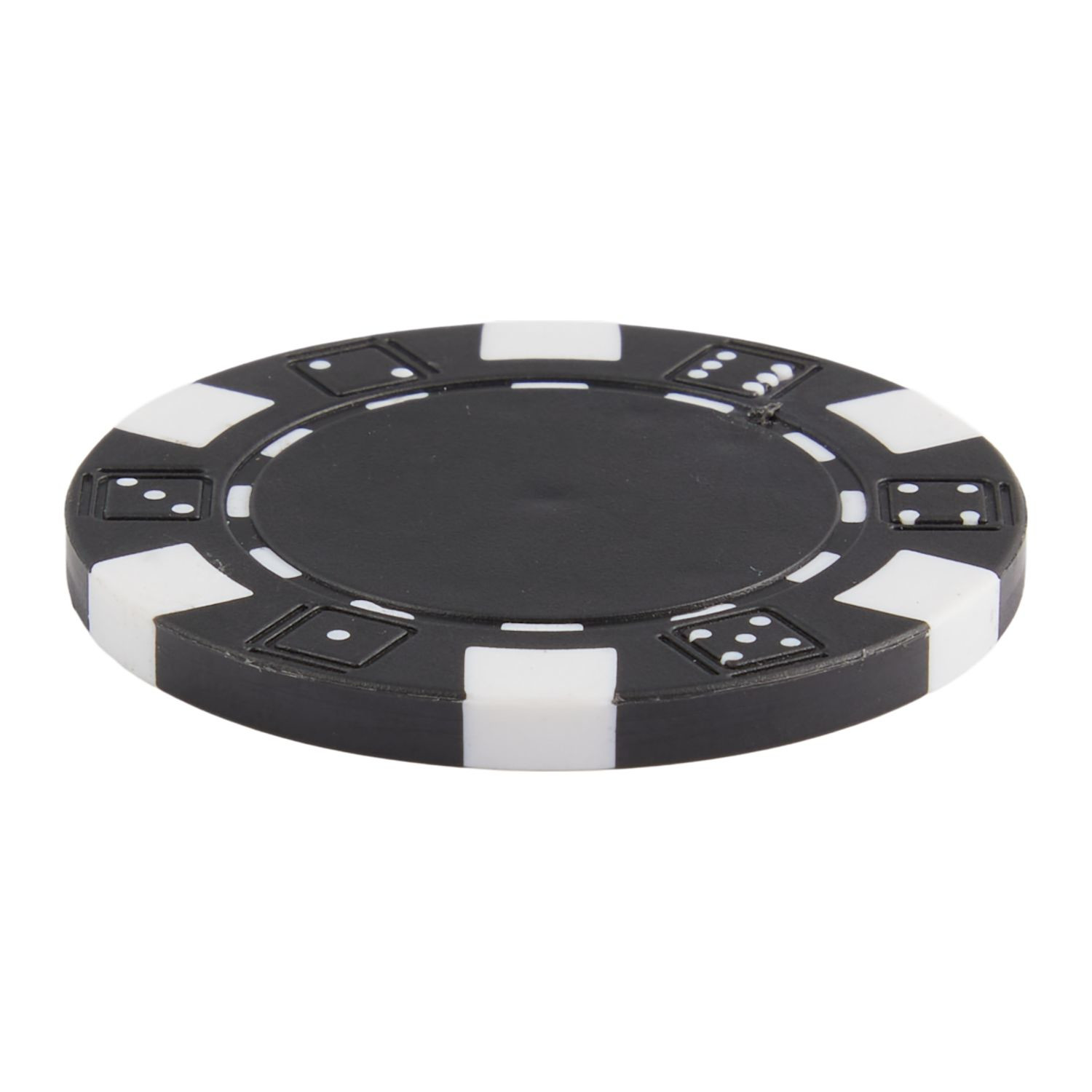 Black poker chip-style golf ball marker made from recycled ABS plastic with a round center panel and lightweight durable construction.