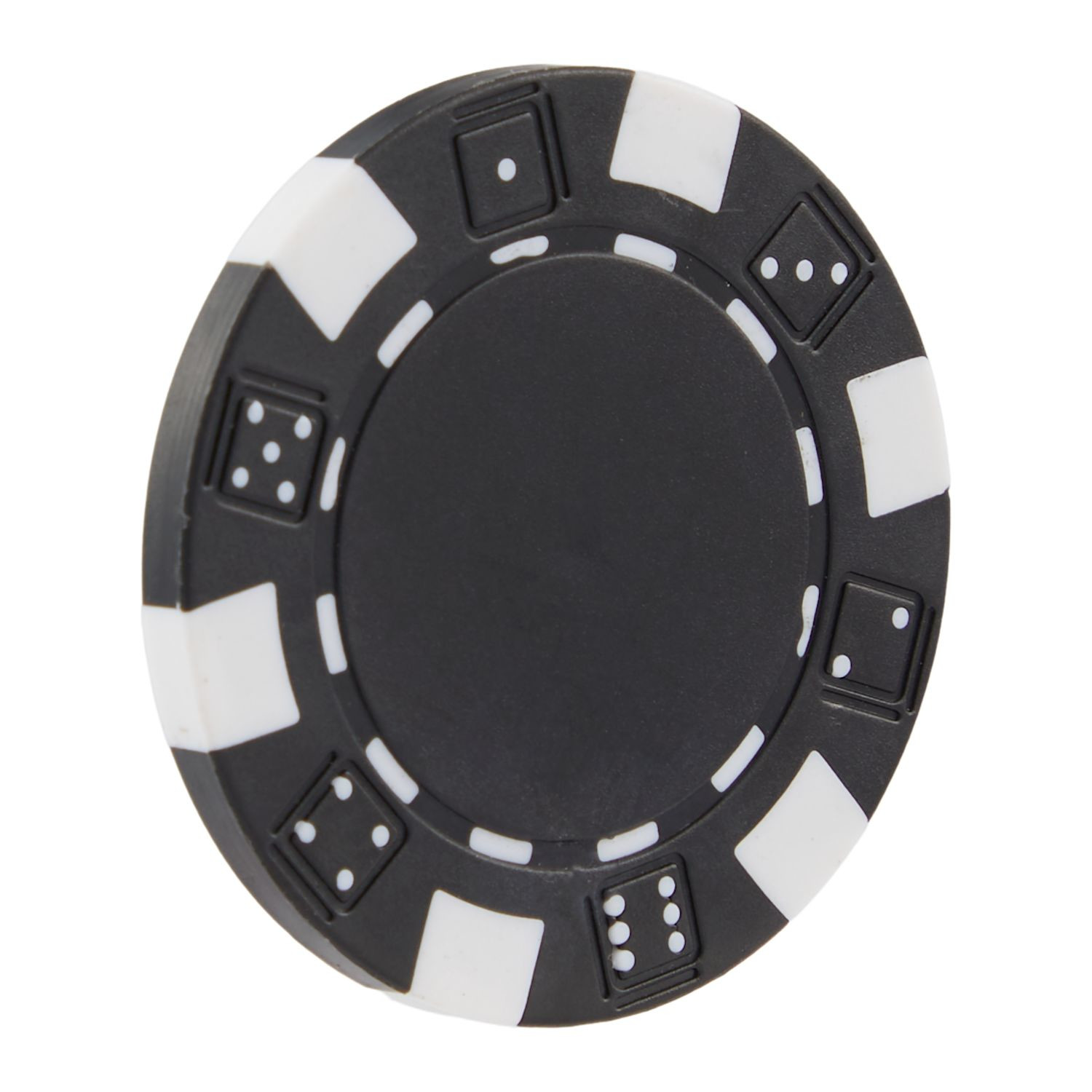 Black poker chip-style golf ball marker made from recycled ABS plastic with a round center panel and lightweight durable construction.
