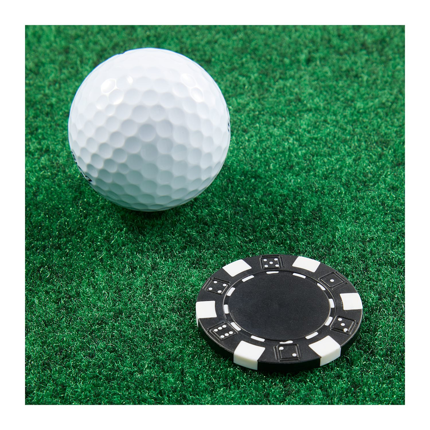 Black poker chip-style golf ball marker made from recycled ABS plastic with a round center panel and lightweight durable construction.