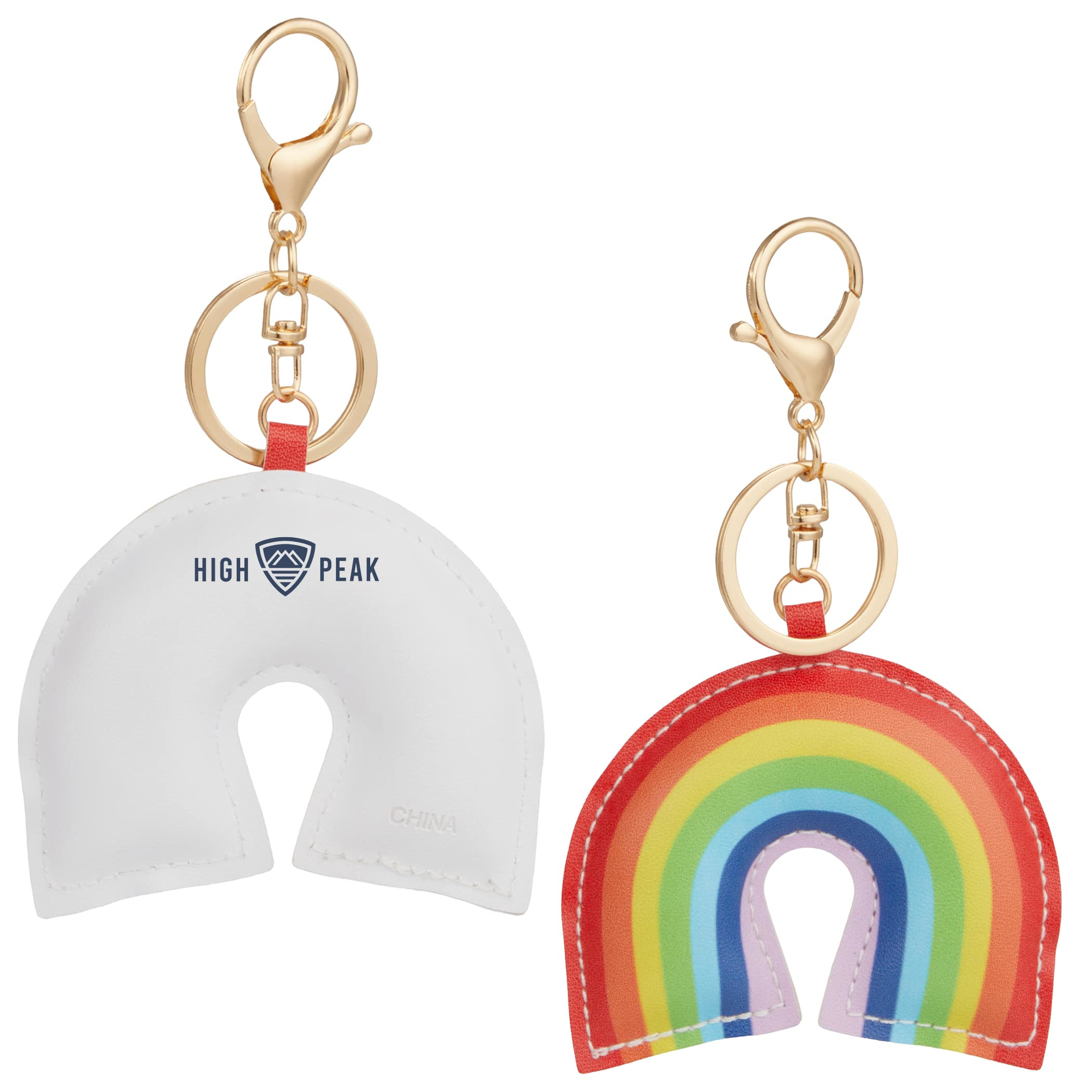 Rainbow Leather Keychain featuring a multicolor rainbow-striped PVC leather strap with a silver-tone split key ring and lobster clip, designed for securely holding keys and attaching to bags, backpacks, or accessories.