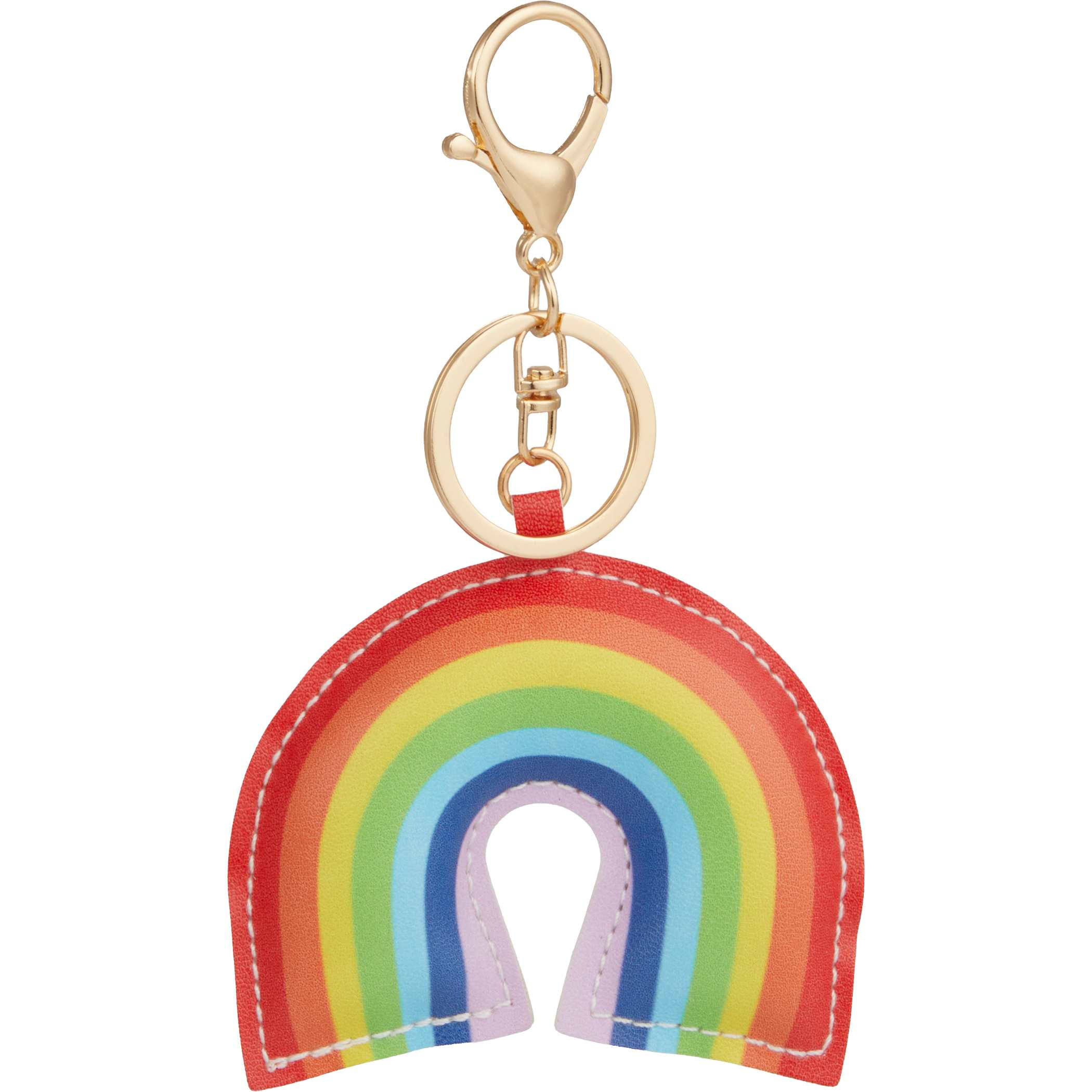 Rainbow Leather Keychain featuring a multicolor rainbow-striped PVC leather strap with a silver-tone split key ring and lobster clip, designed for securely holding keys and attaching to bags, backpacks, or accessories.