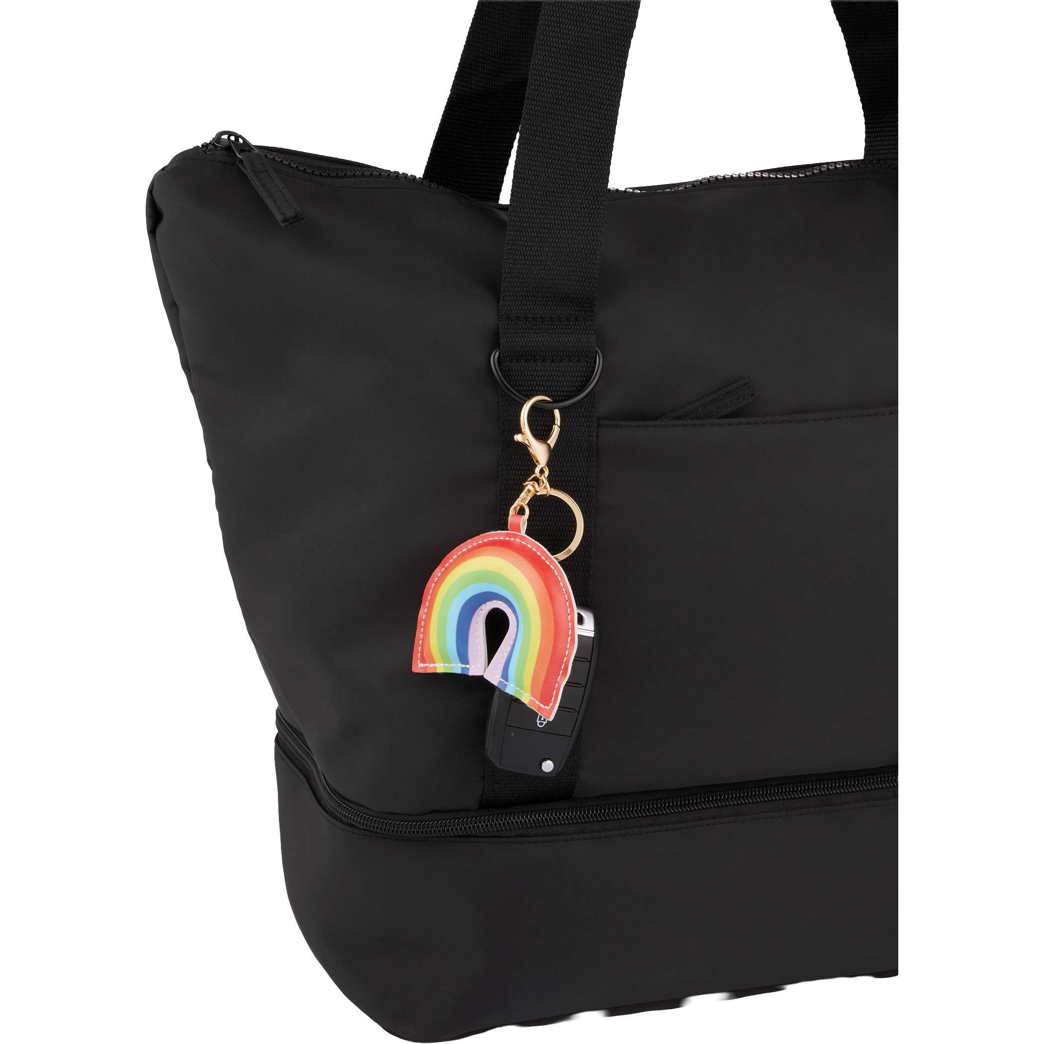 Rainbow Leather Keychain hanging from a black tote bag, showcasing a vibrant multicolor PVC leather rainbow design with gold-tone clasp and key ring for on-the-go key organization.