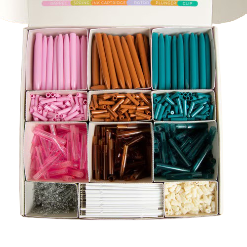 Pen display bar featuring assorted colorful pens arranged for easy selection, designed for promotional events, trade shows, and interactive branding experiences.