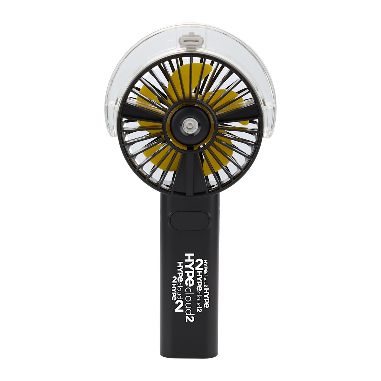 Black portable LED fan with integrated water mist function, LED display screen, rechargeable battery, and ergonomic handheld design made from recycled ABS plastic.