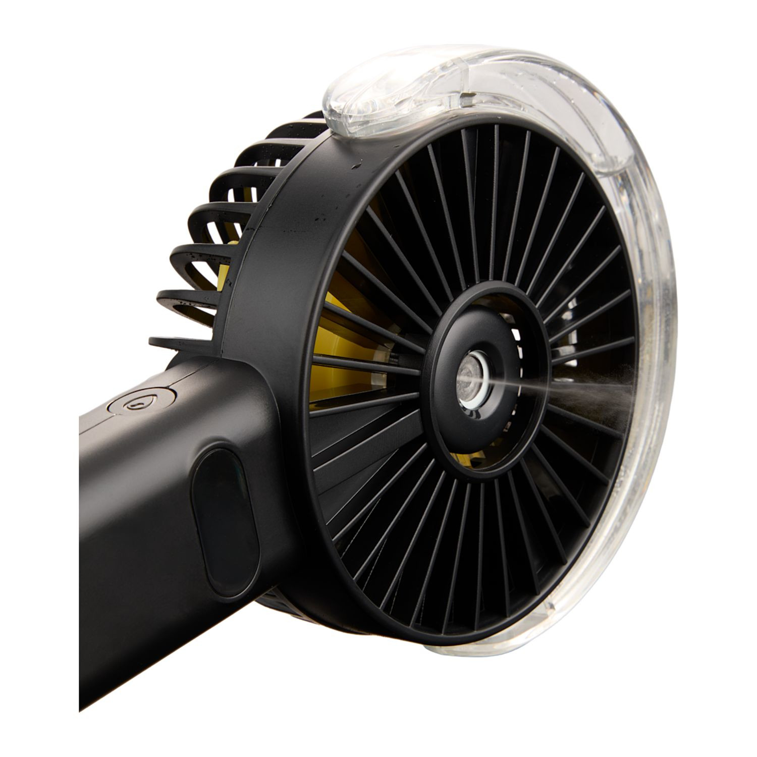 Black portable LED fan with integrated water mist function, LED display screen, rechargeable battery, and ergonomic handheld design made from recycled ABS plastic.