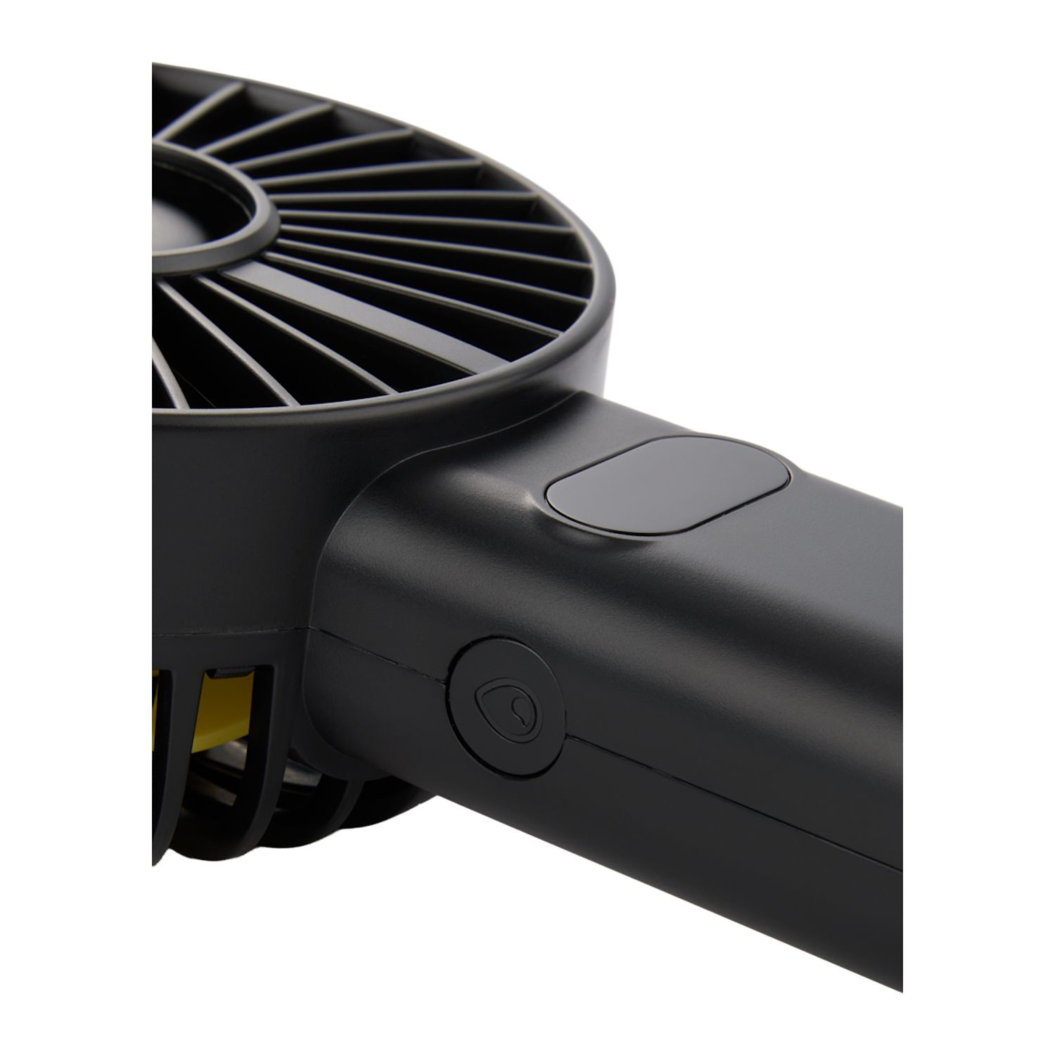 Black portable LED fan with integrated water mist function, LED display screen, rechargeable battery, and ergonomic handheld design made from recycled ABS plastic.