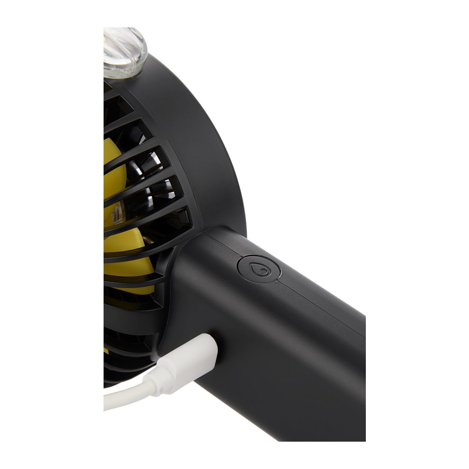 Black portable LED fan with integrated water mist function, LED display screen, rechargeable battery, and ergonomic handheld design made from recycled ABS plastic.