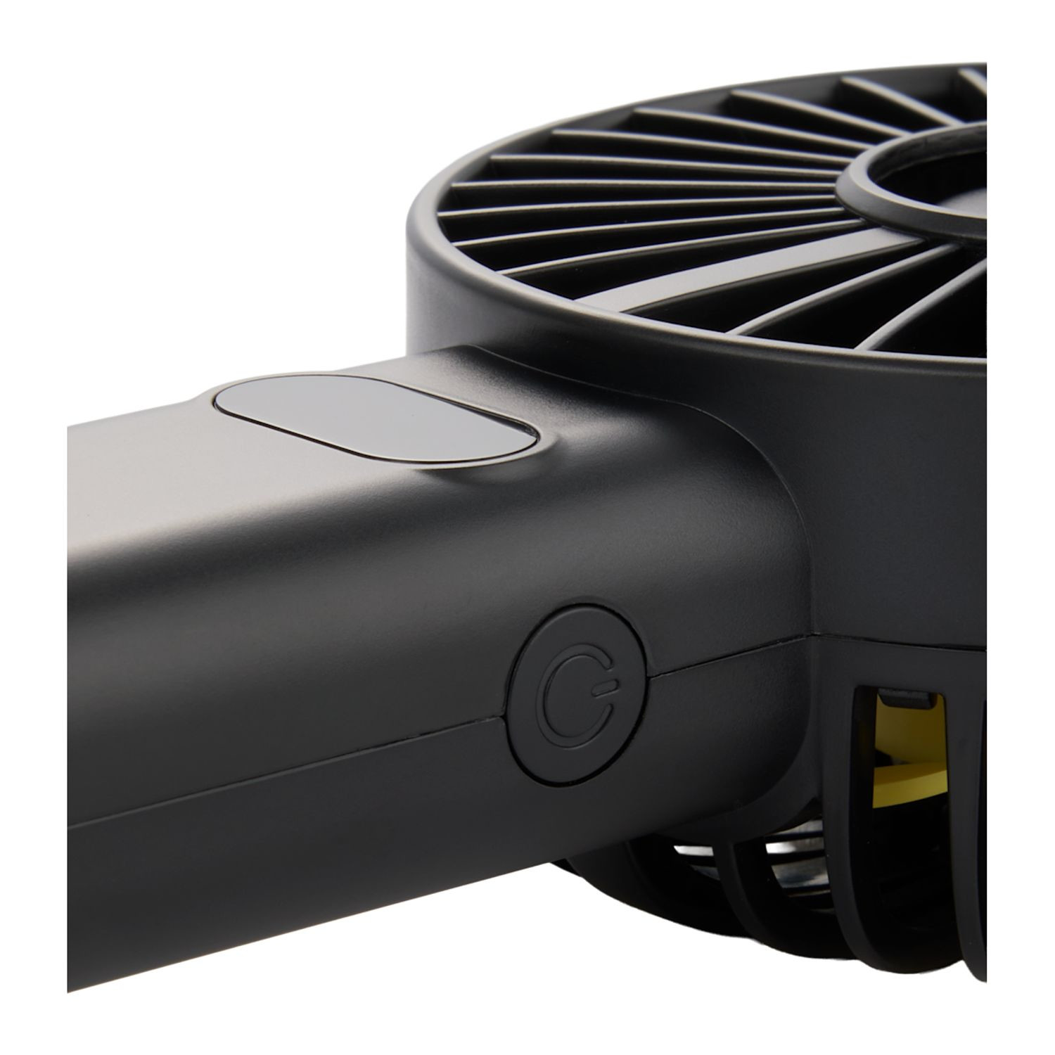 Black portable LED fan with integrated water mist function, LED display screen, rechargeable battery, and ergonomic handheld design made from recycled ABS plastic.
