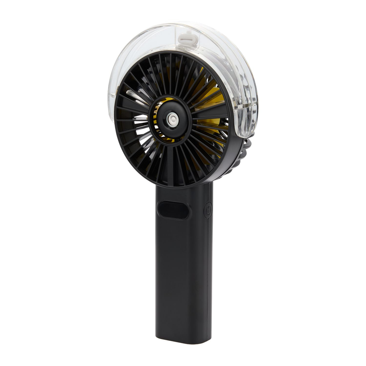 Black portable LED fan with integrated water mist function, LED display screen, rechargeable battery, and ergonomic handheld design made from recycled ABS plastic.