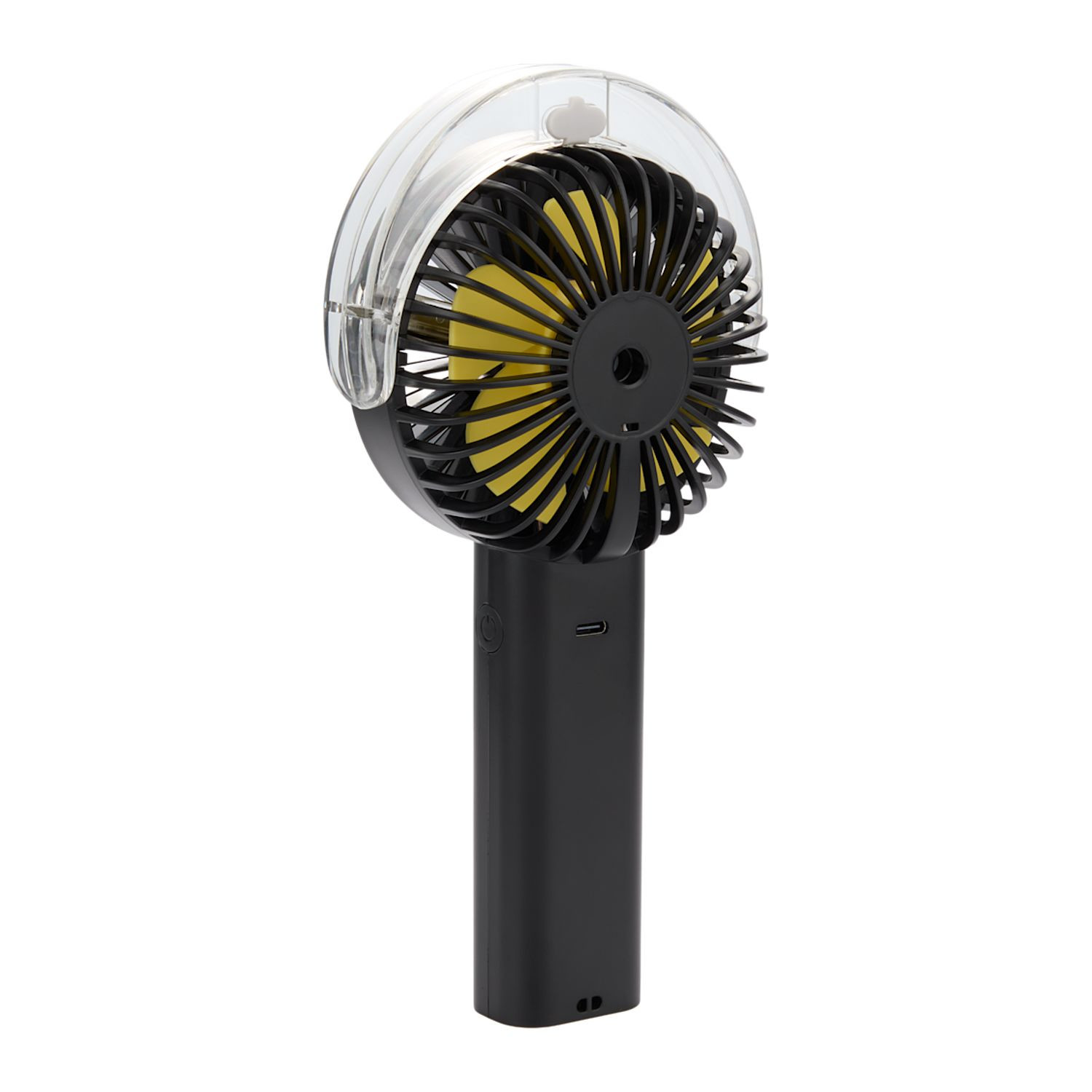 Black portable LED fan with integrated water mist function, LED display screen, rechargeable battery, and ergonomic handheld design made from recycled ABS plastic.