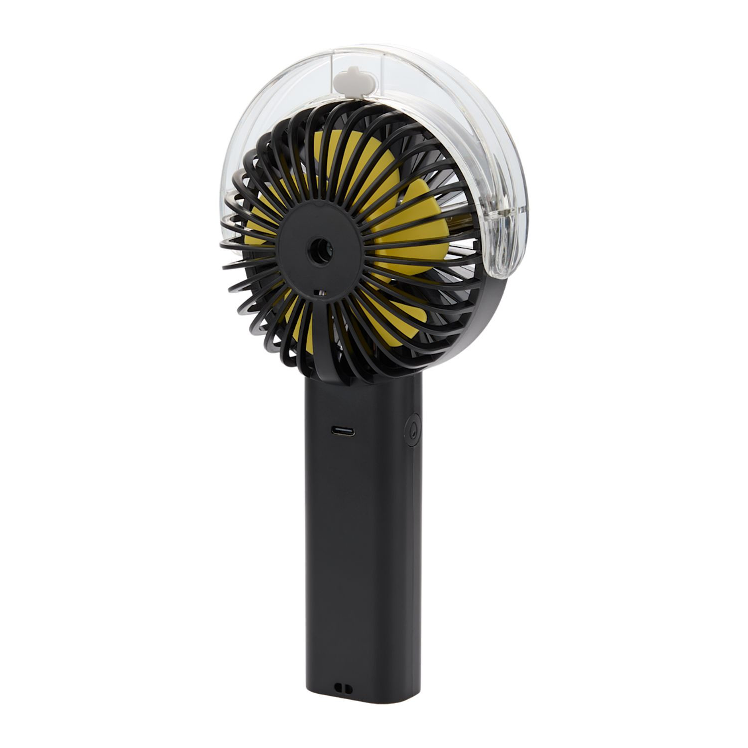 Black portable LED fan with integrated water mist function, LED display screen, rechargeable battery, and ergonomic handheld design made from recycled ABS plastic.