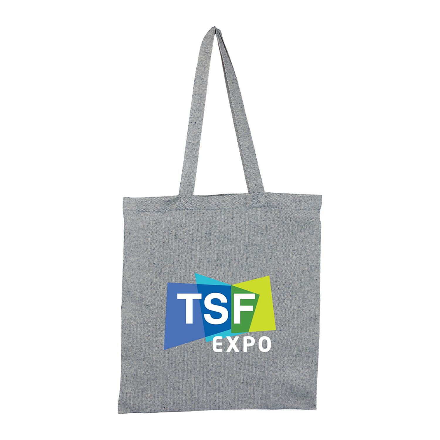 Navy recycled cotton twill tote bag with open main compartment, lightweight eco-friendly construction, and durable reusable design for everyday carrying.