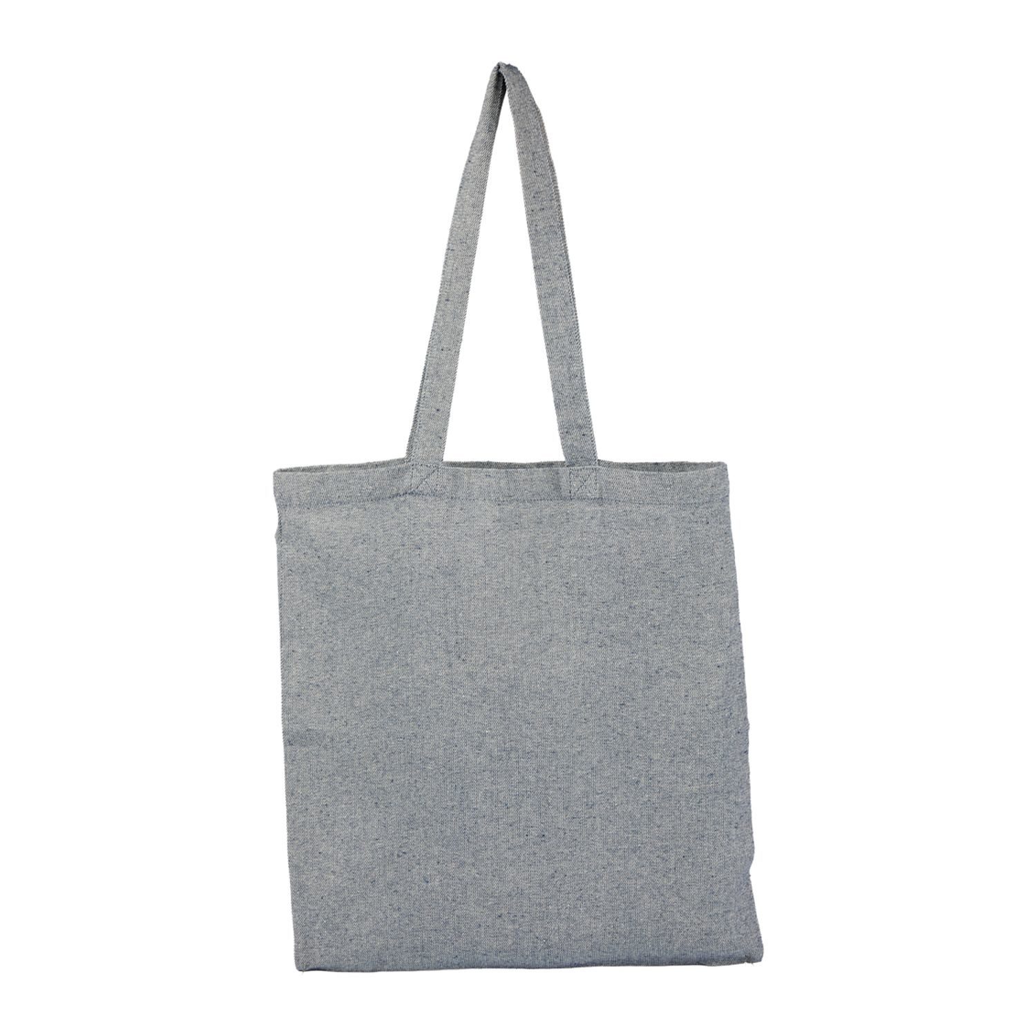 Navy recycled cotton twill tote bag with open main compartment, lightweight eco-friendly construction, and durable reusable design for everyday carrying.