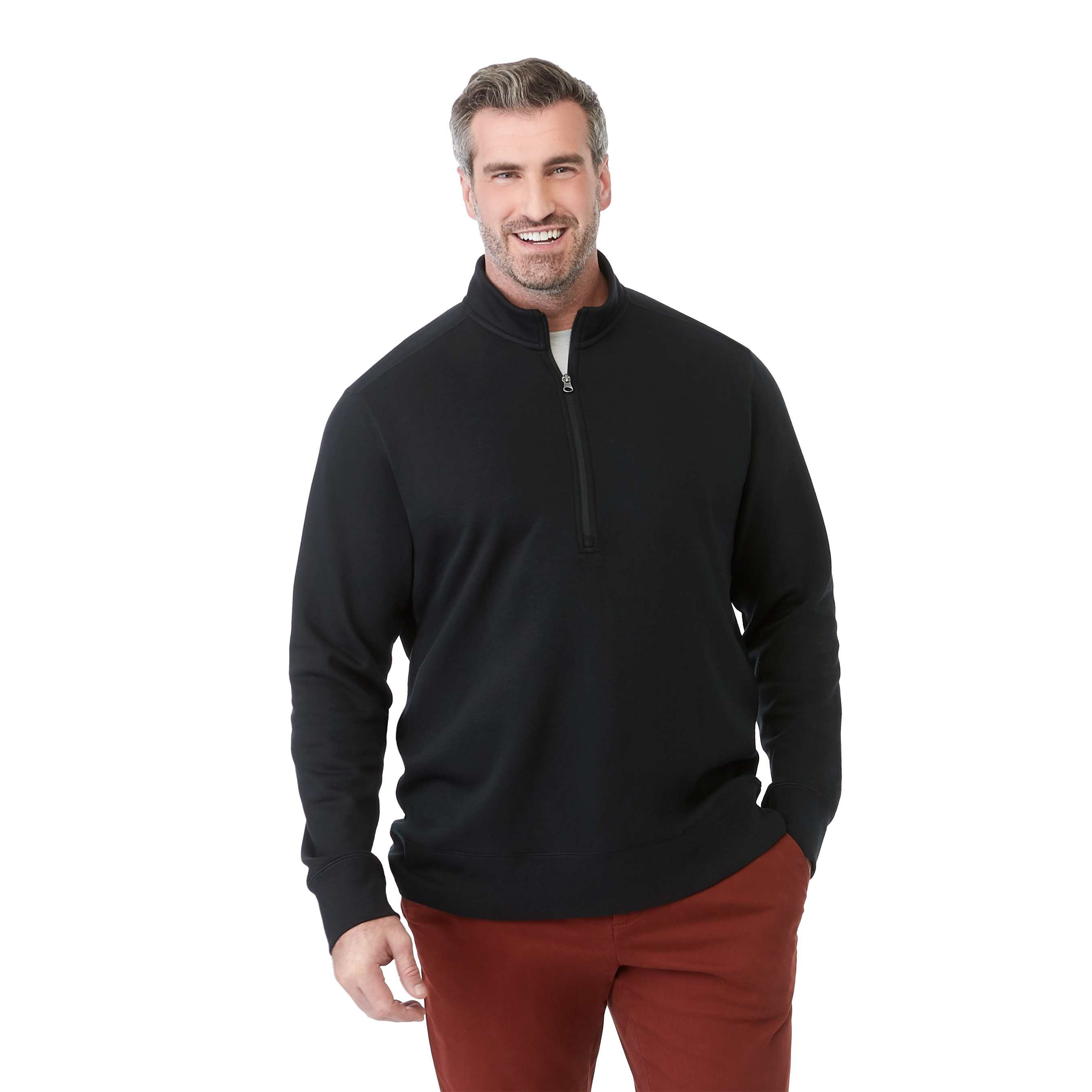 A man wearing Black Men's Dayton Classic Fleece Half Zip Pullover sweatshirt with a stand-up collar.