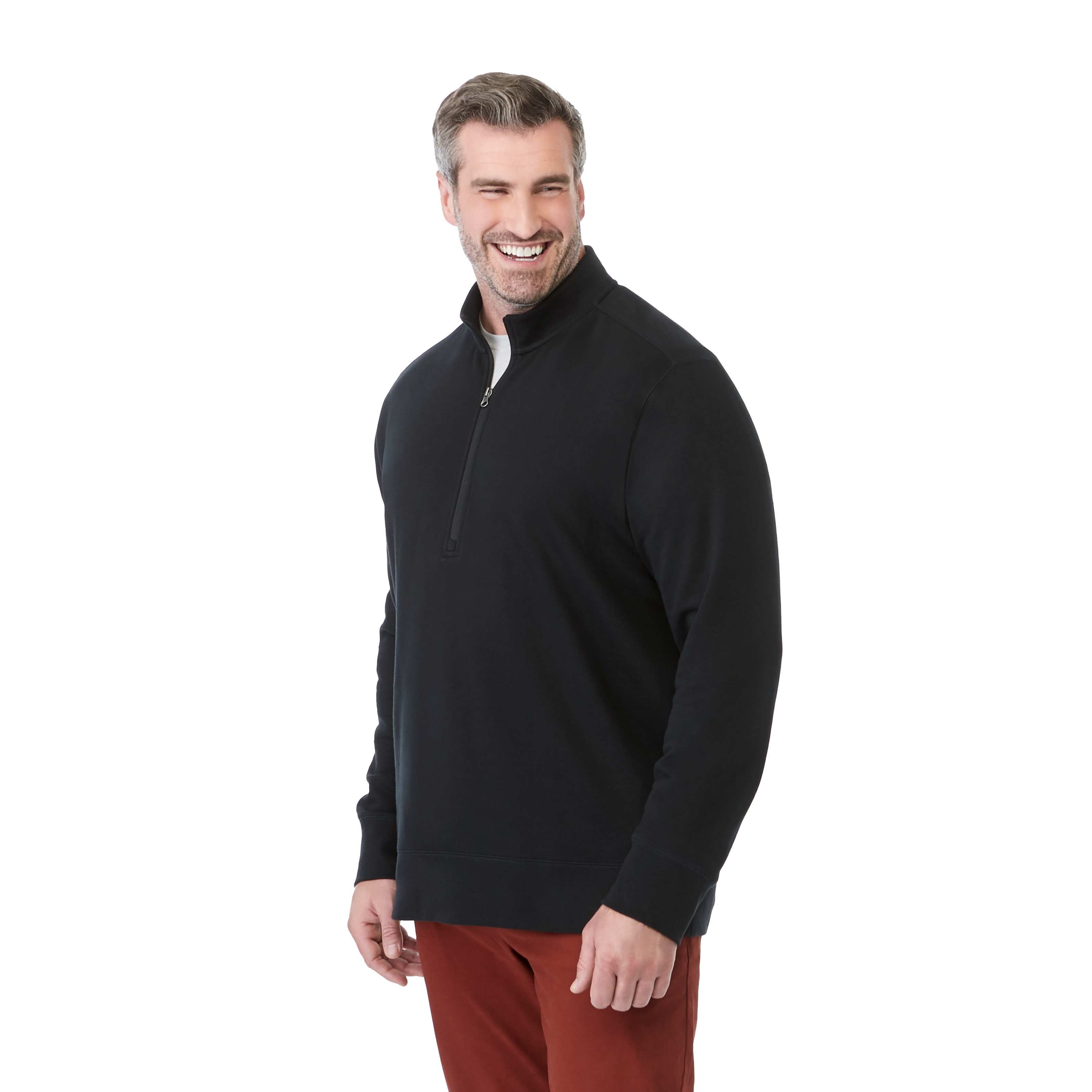 A man wearing Black Men's Dayton Classic Fleece Half Zip Pullover sweatshirt with a stand-up collar.