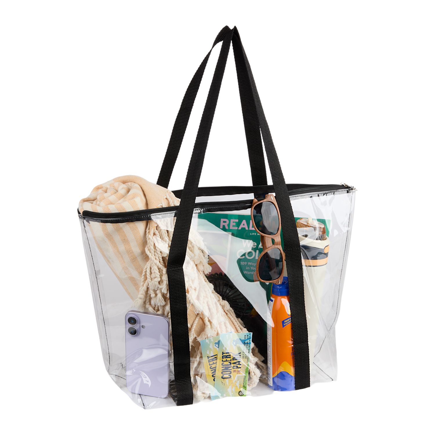 Clear PVC tote bag with black webbing handles, zippered closure, and structured transparent body designed for events and everyday carry.
