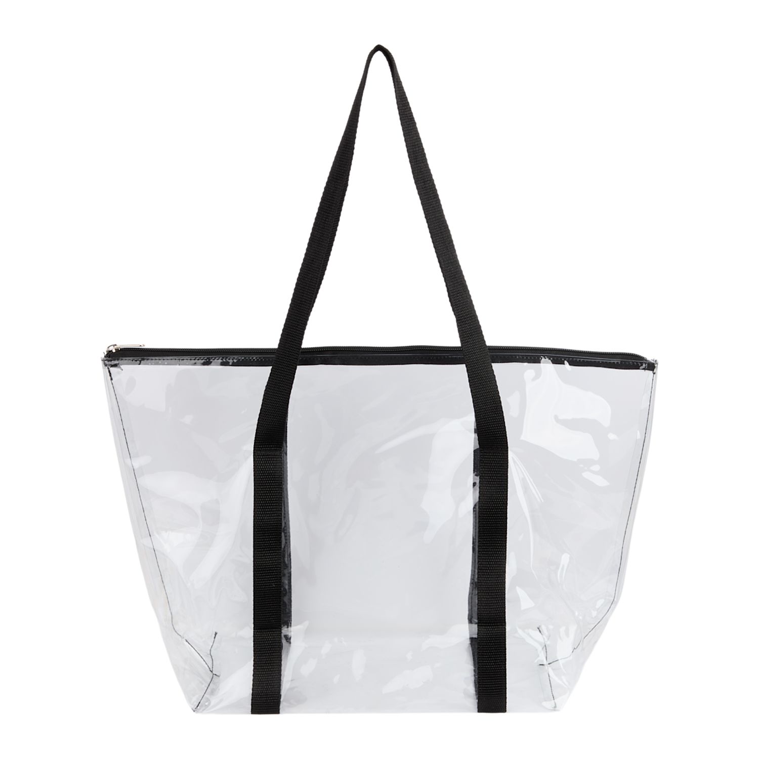 Clear PVC tote bag with black webbing handles, zippered closure, and structured transparent body designed for events and everyday carry.