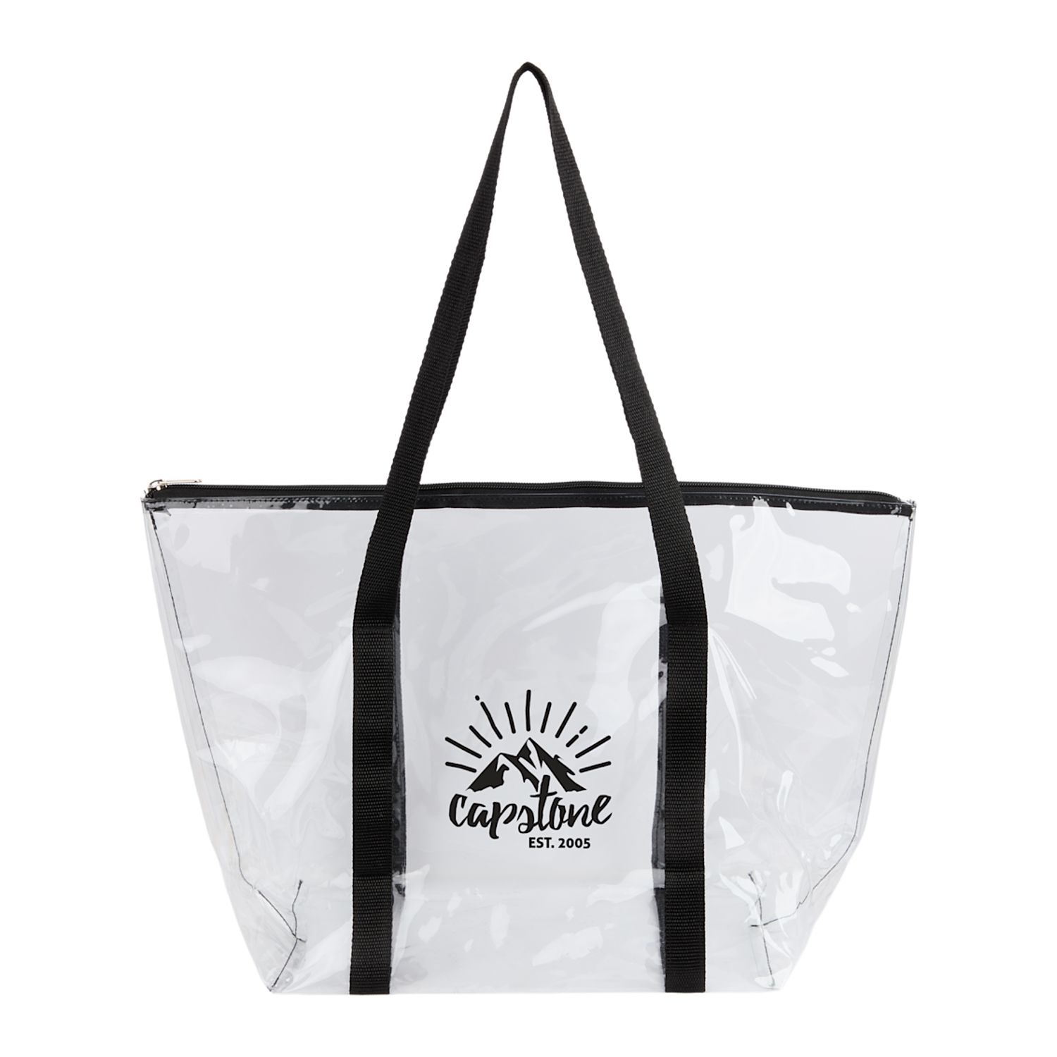 Clear PVC tote bag with black webbing handles, zippered closure, and structured transparent body designed for events and everyday carry.