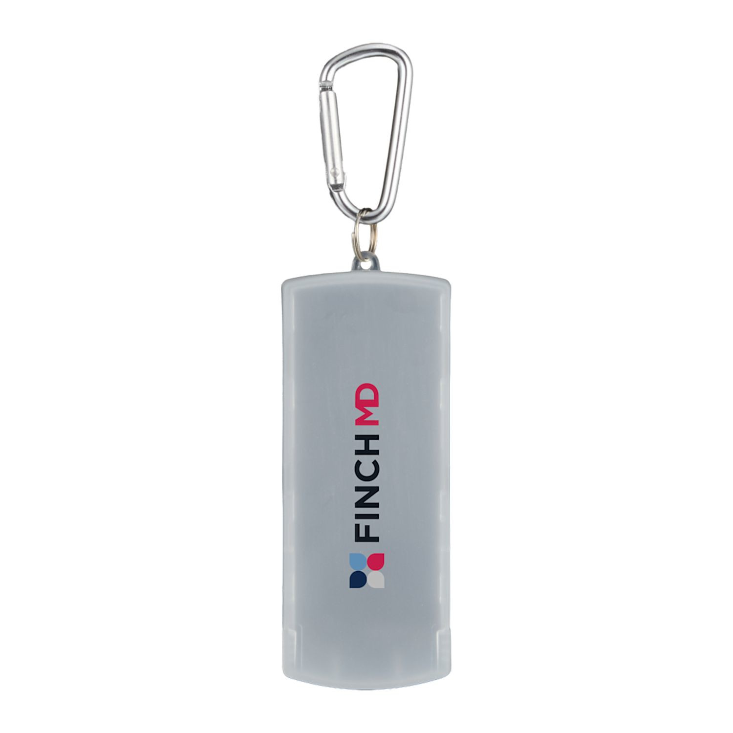Clear recycled plastic bandage dispenser with built-in carabiner clip, pre-filled first aid bandages, and compact portable design.