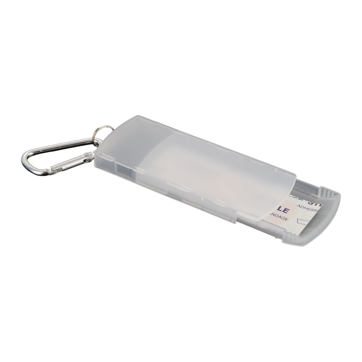 Clear recycled plastic bandage dispenser with built-in carabiner clip, pre-filled first aid bandages, and compact portable design.