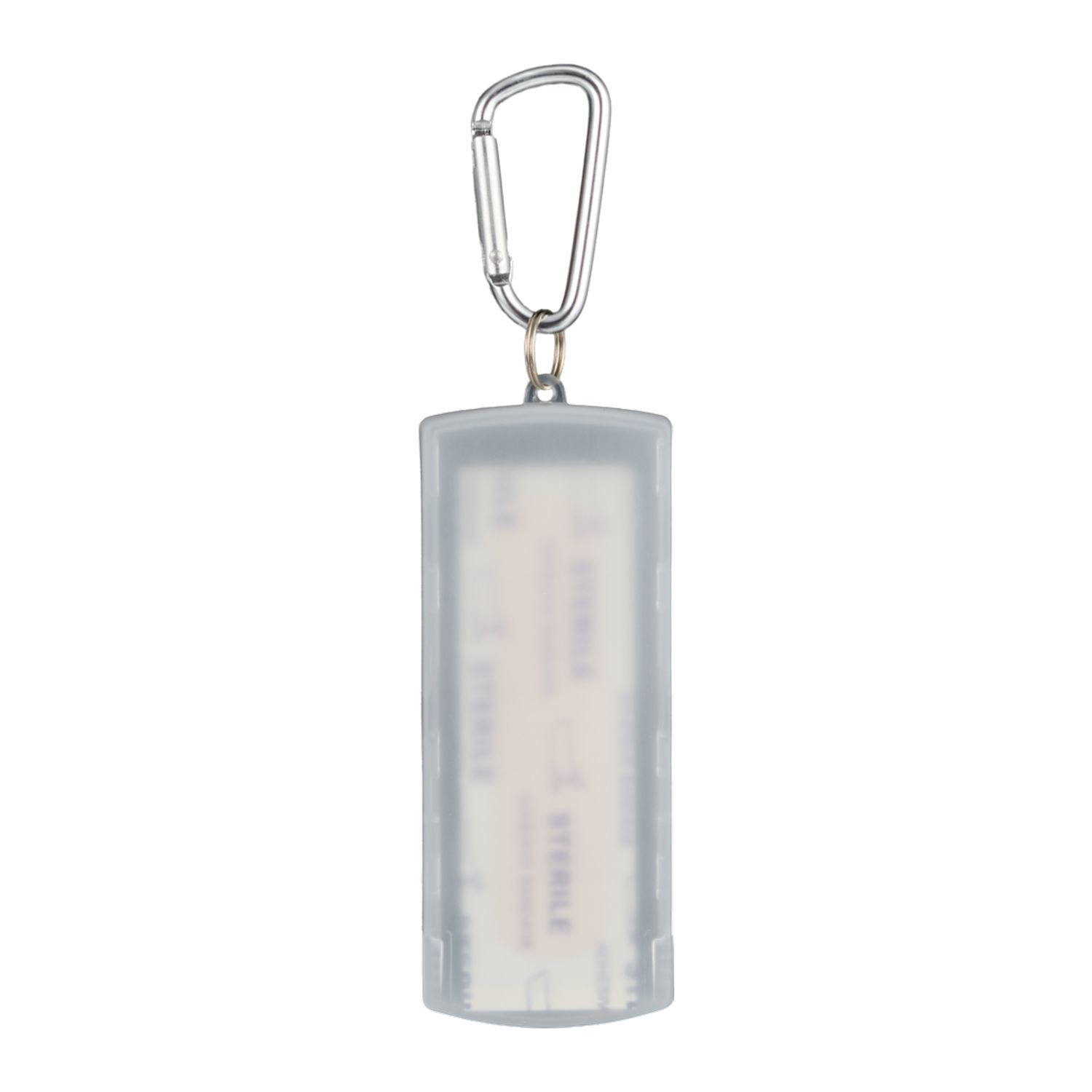 Clear recycled plastic bandage dispenser with built-in carabiner clip, pre-filled first aid bandages, and compact portable design.