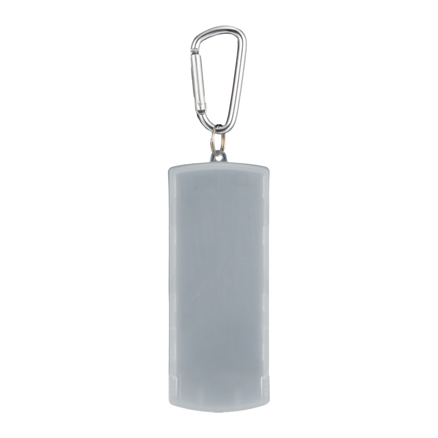 Clear recycled plastic bandage dispenser with built-in carabiner clip, pre-filled first aid bandages, and compact portable design.
