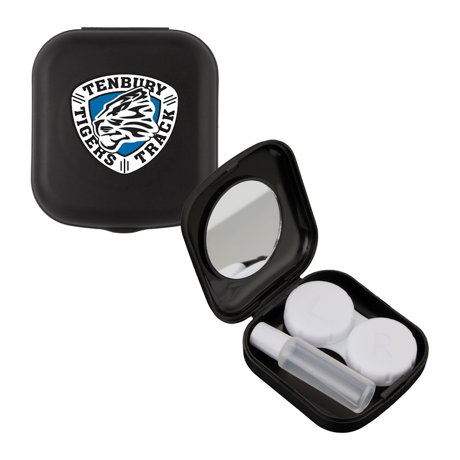 Traveler using a black recycled contact lens travel kit with built-in mirror, contact lens case, and refillable solution bottle while on the go.