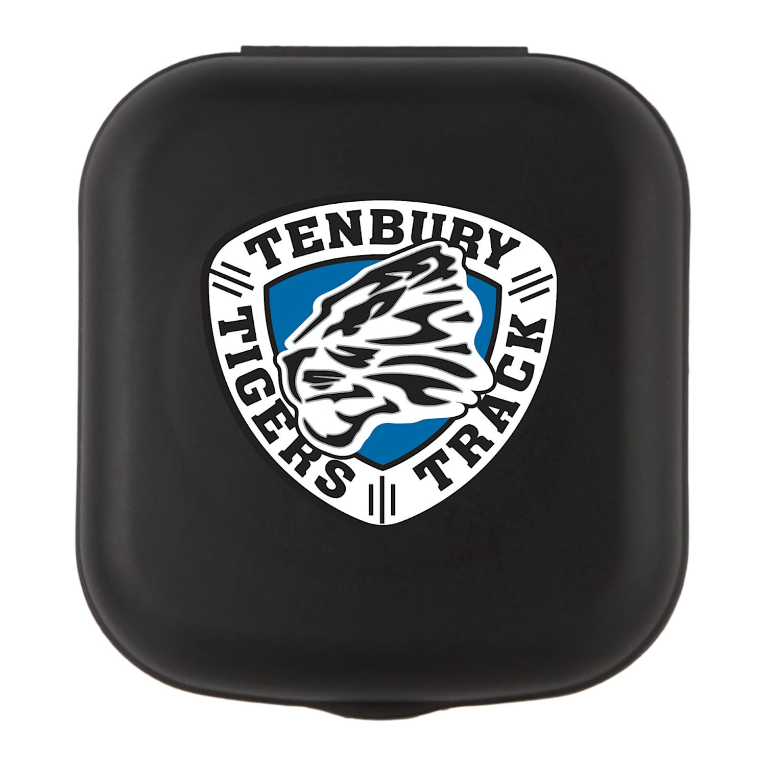 Traveler using a black recycled contact lens travel kit with built-in mirror, contact lens case, and refillable solution bottle while on the go.