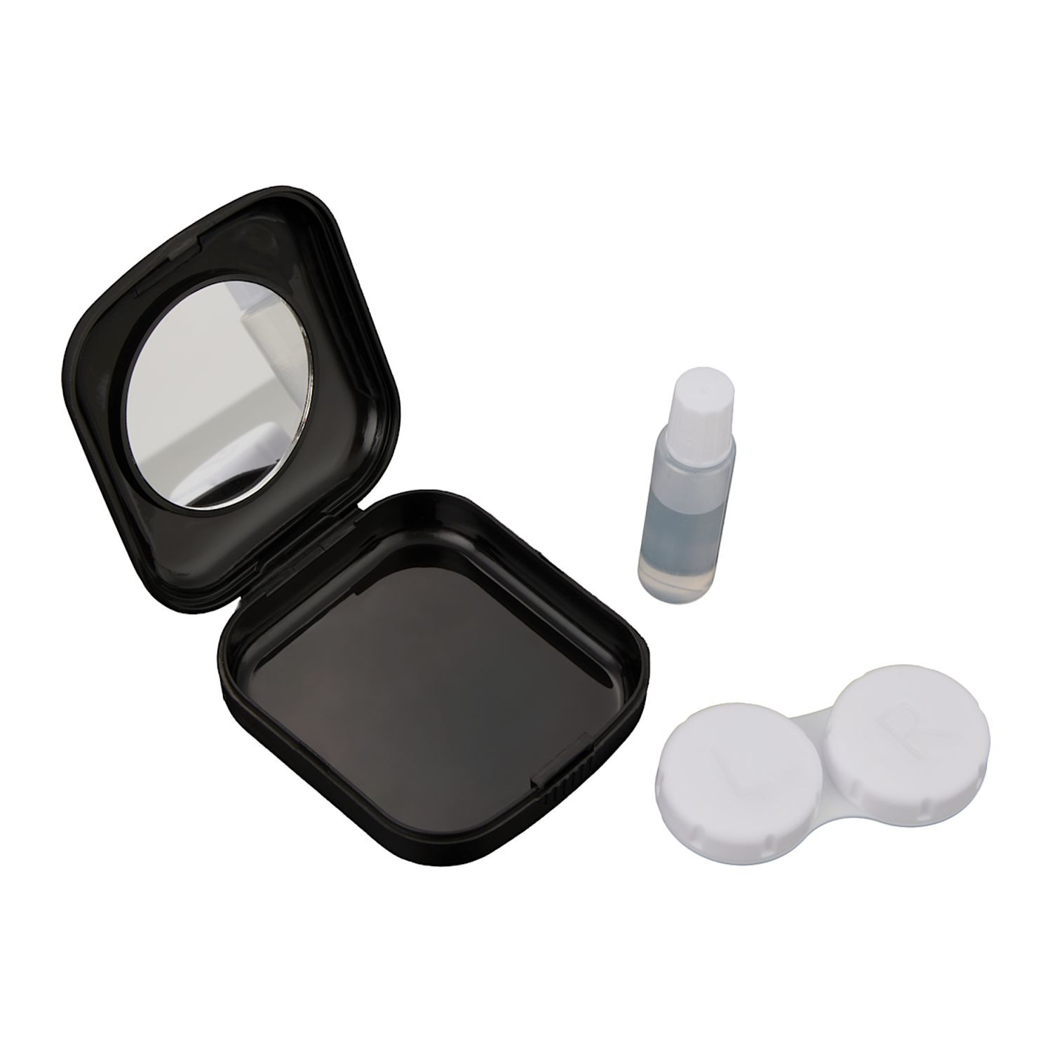 Traveler using a black recycled contact lens travel kit with built-in mirror, contact lens case, and refillable solution bottle while on the go.