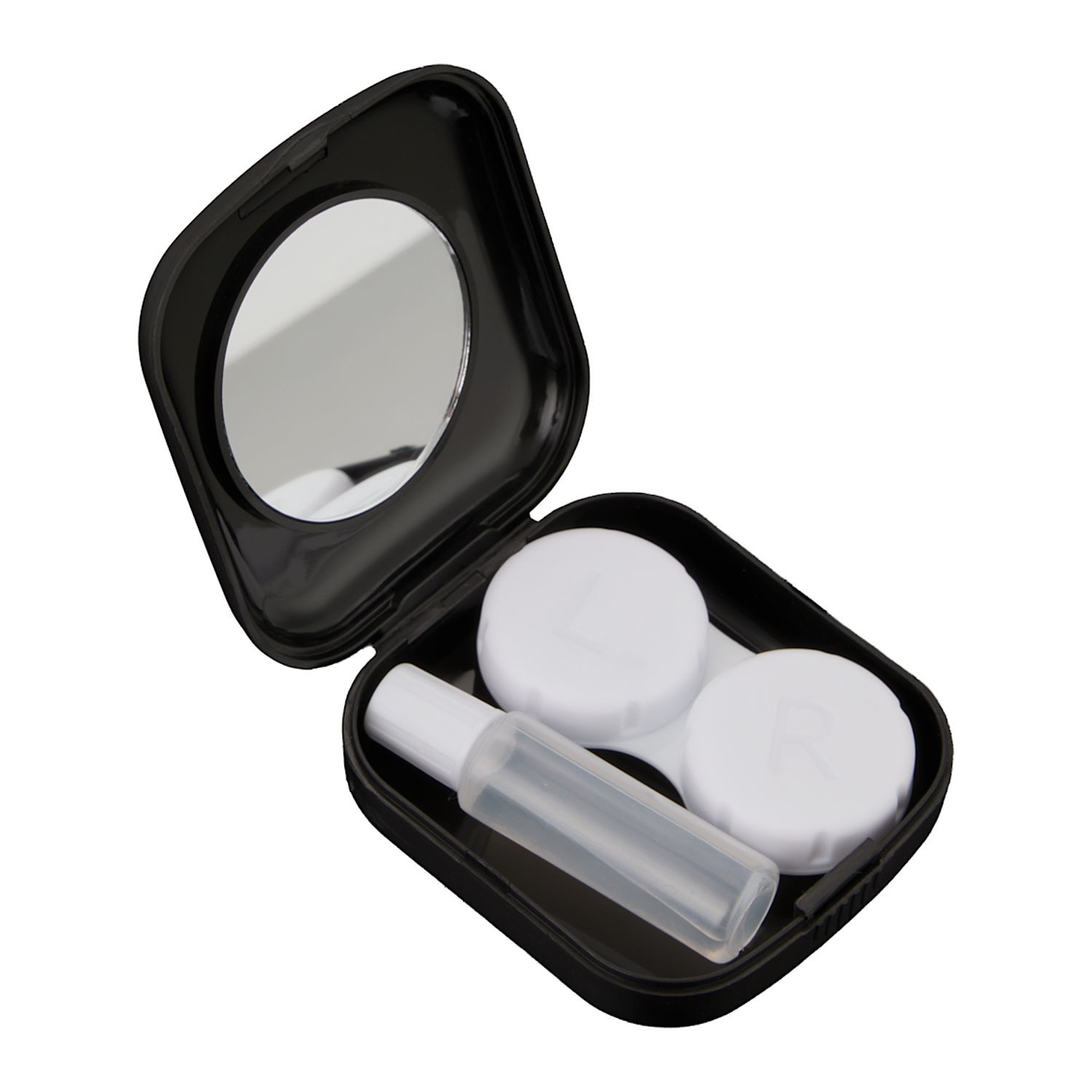 Traveler using a black recycled contact lens travel kit with built-in mirror, contact lens case, and refillable solution bottle while on the go.