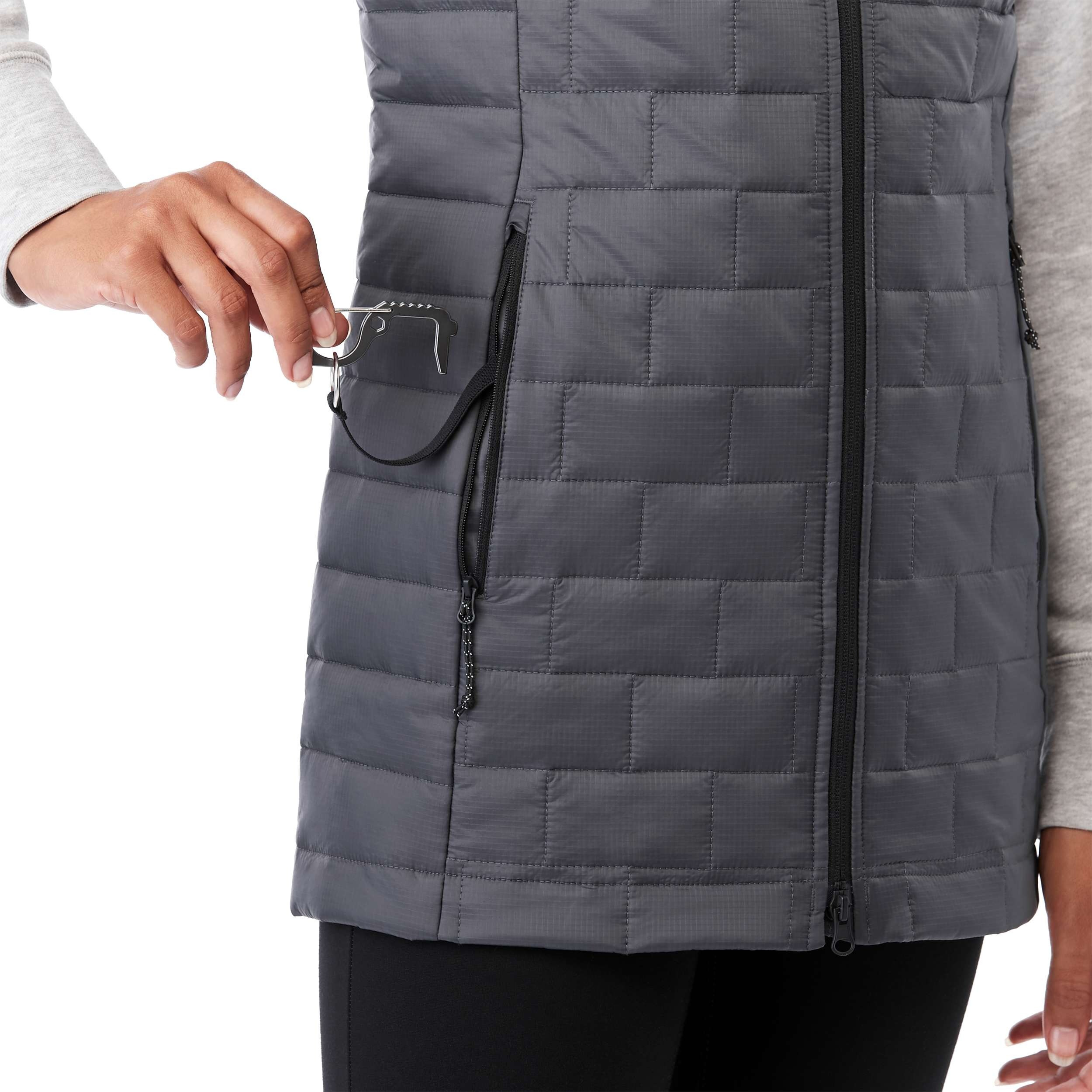 Women's Telluride Packable Insulated Vest in Gray Storm, featuring a lightweight quilted nylon ripstop shell, full-zip front, stand collar, and zippered pockets, designed for comfortable layering and everyday outdoor wear.