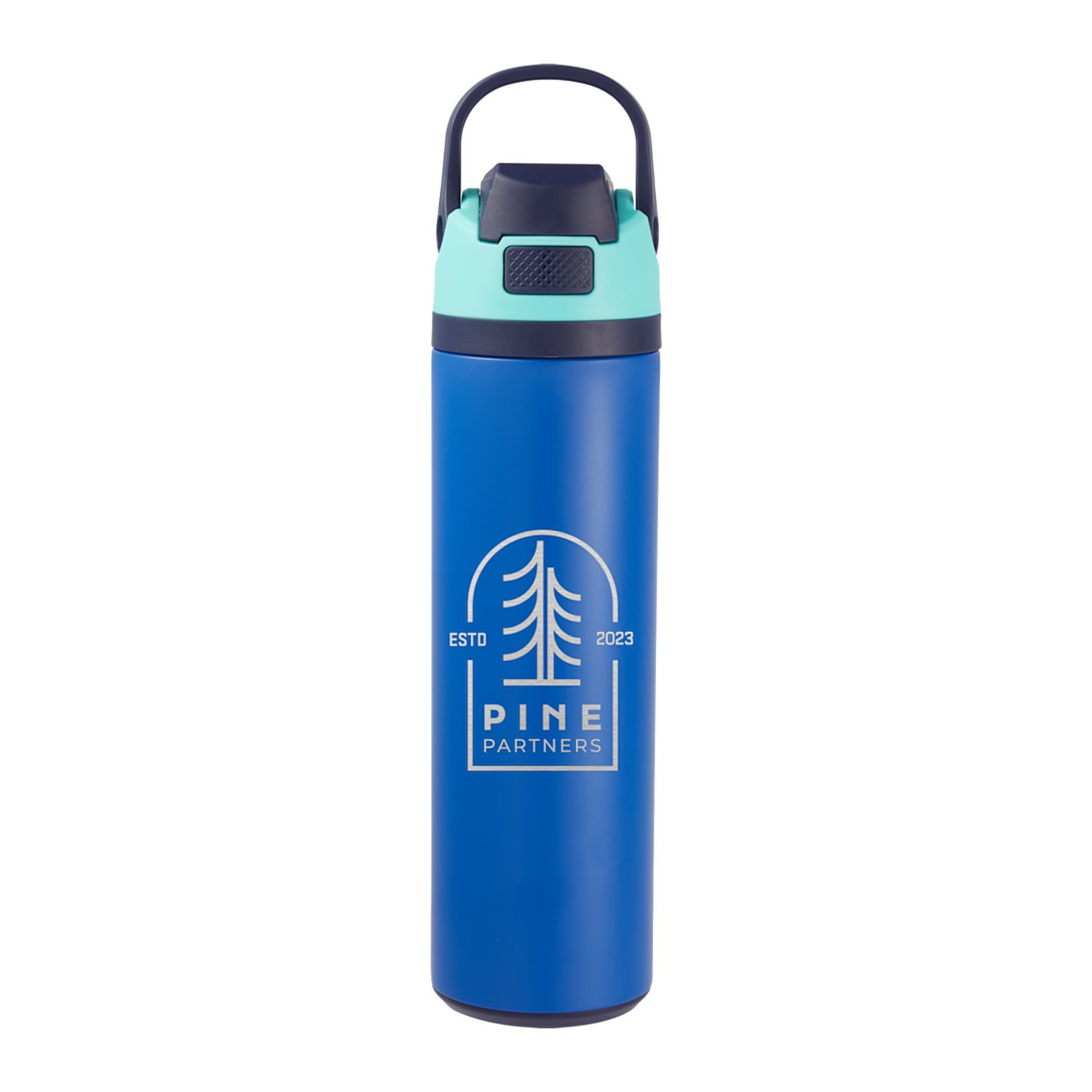 Blue vacuum-insulated recycled stainless steel water bottle with spill-resistant flip-top lid, integrated carry loop, and custom logo design.