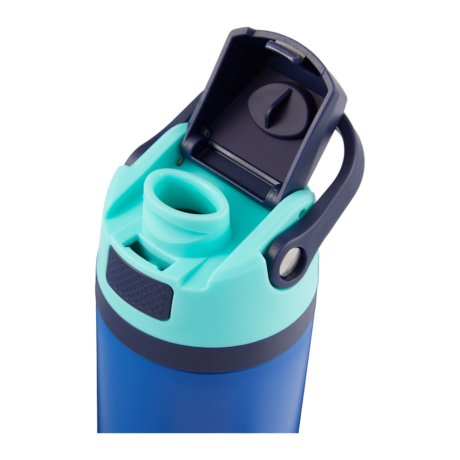 Blue vacuum-insulated recycled stainless steel water bottle with spill-resistant flip-top lid, integrated carry loop, and custom logo design.