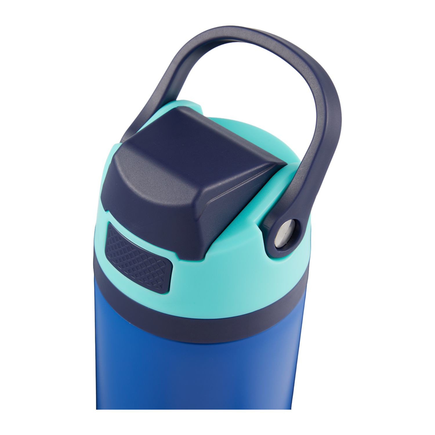Blue vacuum-insulated recycled stainless steel water bottle with spill-resistant flip-top lid, integrated carry loop, and custom logo design.