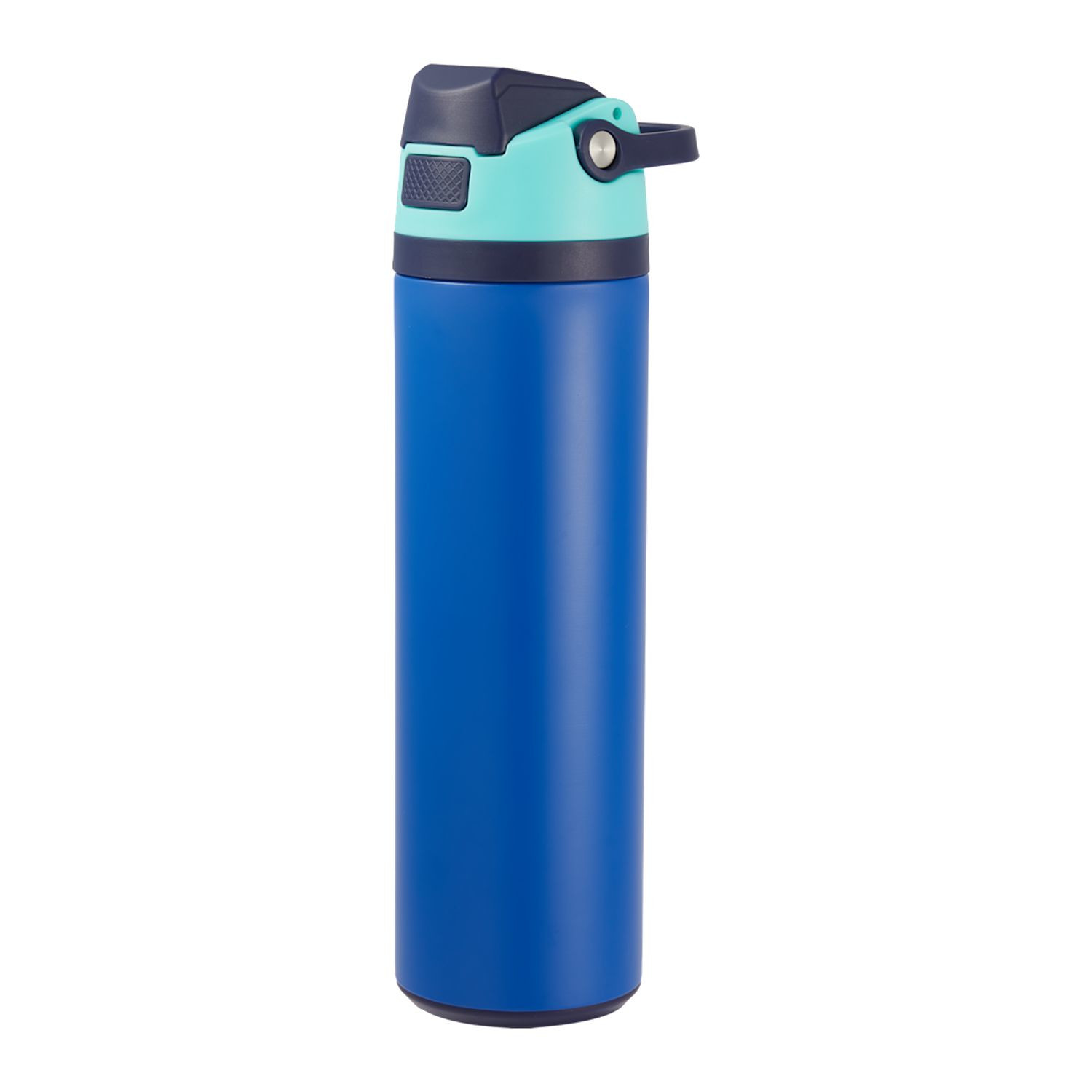 Blue vacuum-insulated recycled stainless steel water bottle with spill-resistant flip-top lid, integrated carry loop, and custom logo design.