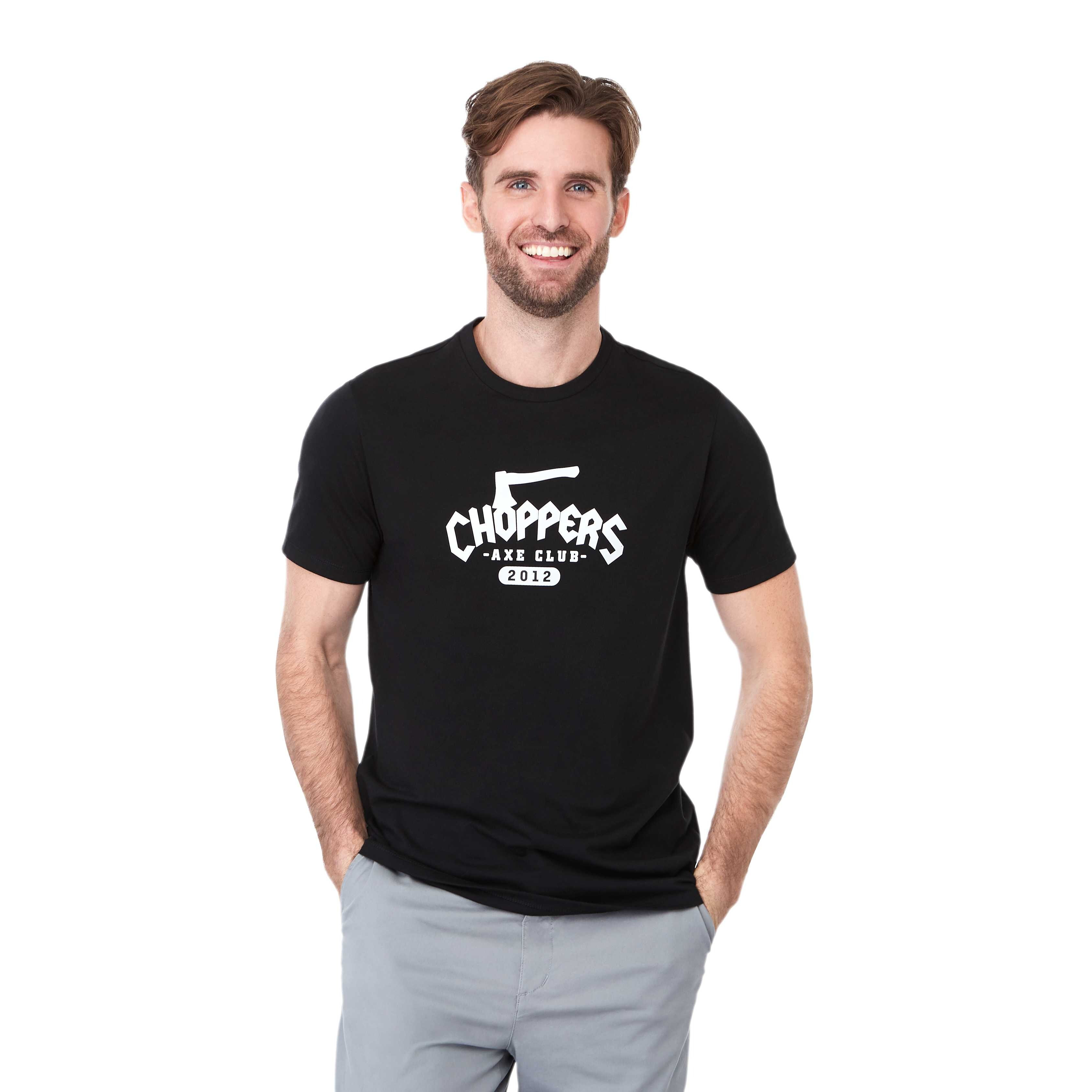 Black Men's SOMOTO Eco Short Sleeve Tee crew neck t-shirt with short sleeves and lightweight recycled poly-cotton fabric. Eco-friendly casual apparel suitable for outdoor wear, team uniforms, employee apparel, and custom branded promotions.