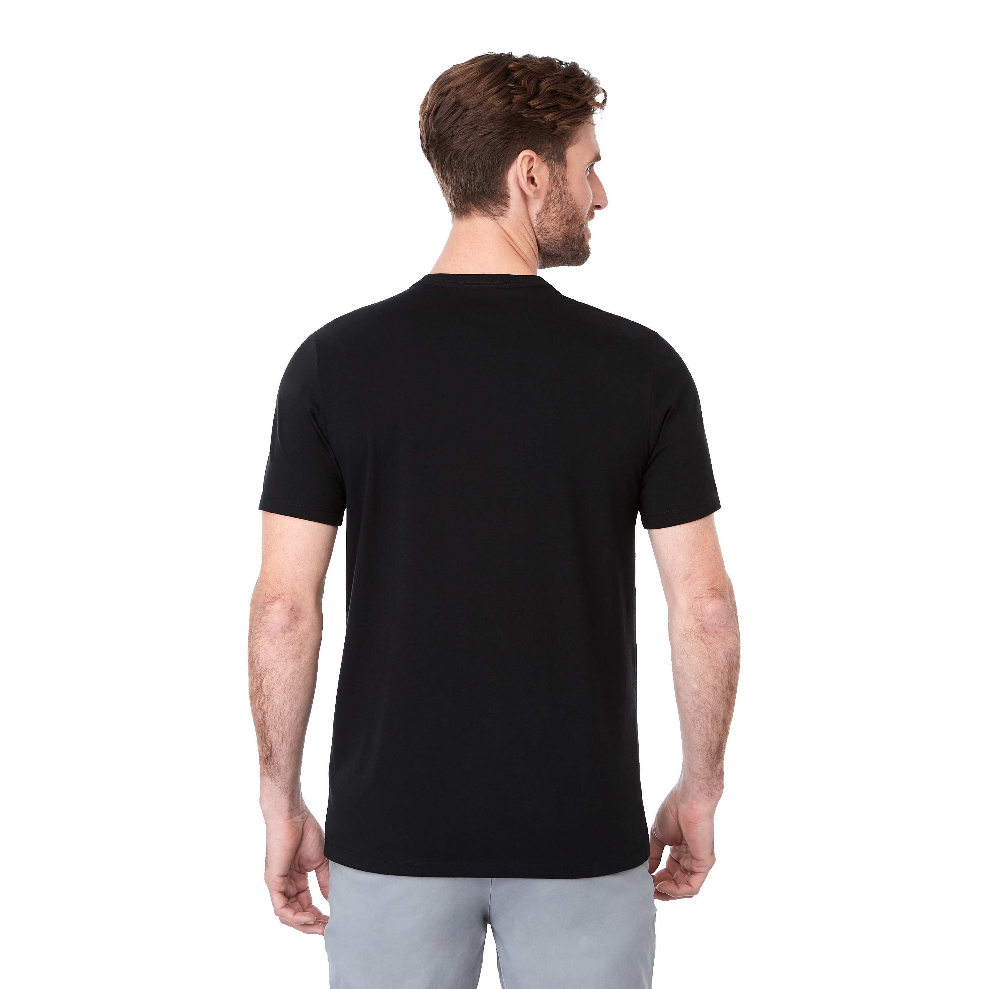 Black Men's SOMOTO Eco Short Sleeve Tee black crew neck t-shirt with short sleeves and lightweight recycled poly-cotton fabric. Eco-friendly casual apparel suitable for outdoor wear, team uniforms, employee apparel, and custom branded promotions.