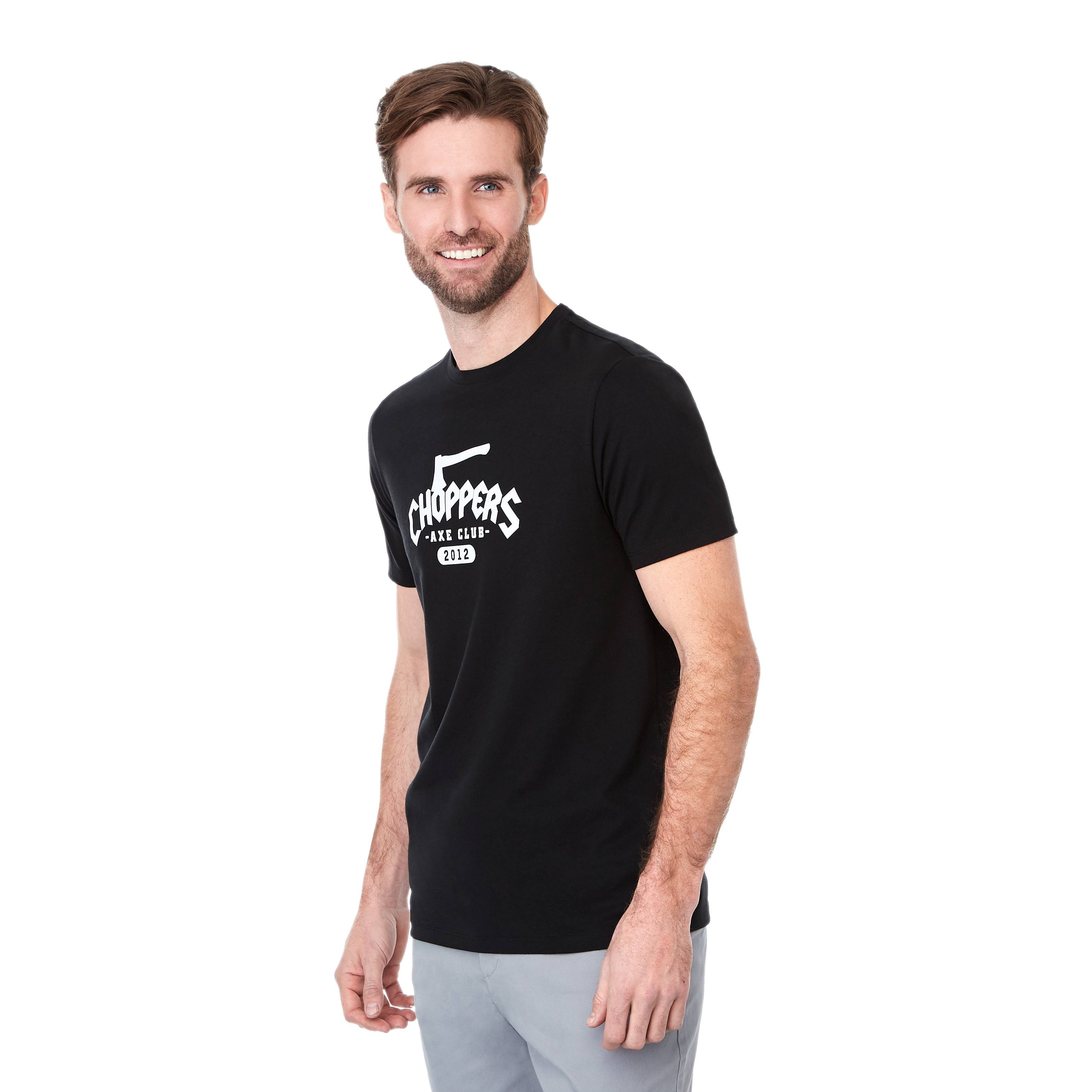 Black Men's SOMOTO Eco Short Sleeve Tee black crew neck t-shirt with short sleeves and lightweight recycled poly-cotton fabric. Eco-friendly casual apparel suitable for outdoor wear, team uniforms, employee apparel, and custom branded promotions.