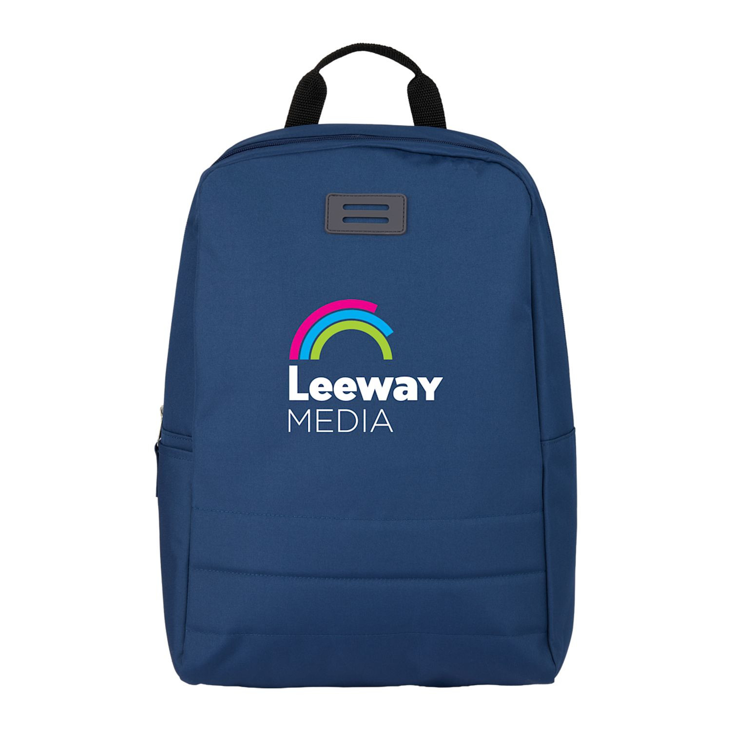 Navy recycled polyester computer backpack featuring a ripple-textured front panel, padded laptop compartment, side water bottle pocket, adjustable shoulder straps, and zippered main compartment.