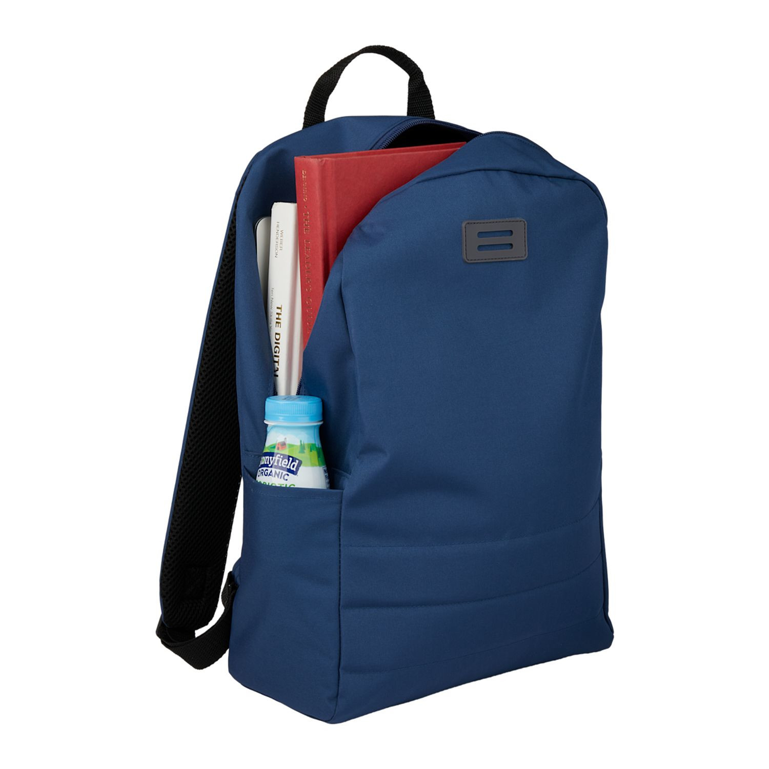 Navy recycled polyester computer backpack featuring a ripple-textured front panel, padded laptop compartment, side water bottle pocket, adjustable shoulder straps, and zippered main compartment.
