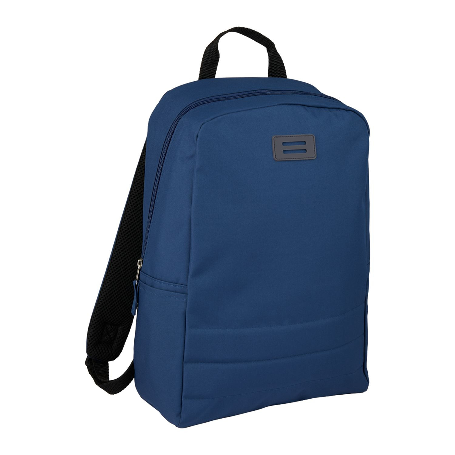 Navy recycled polyester computer backpack featuring a ripple-textured front panel, padded laptop compartment, side water bottle pocket, adjustable shoulder straps, and zippered main compartment.